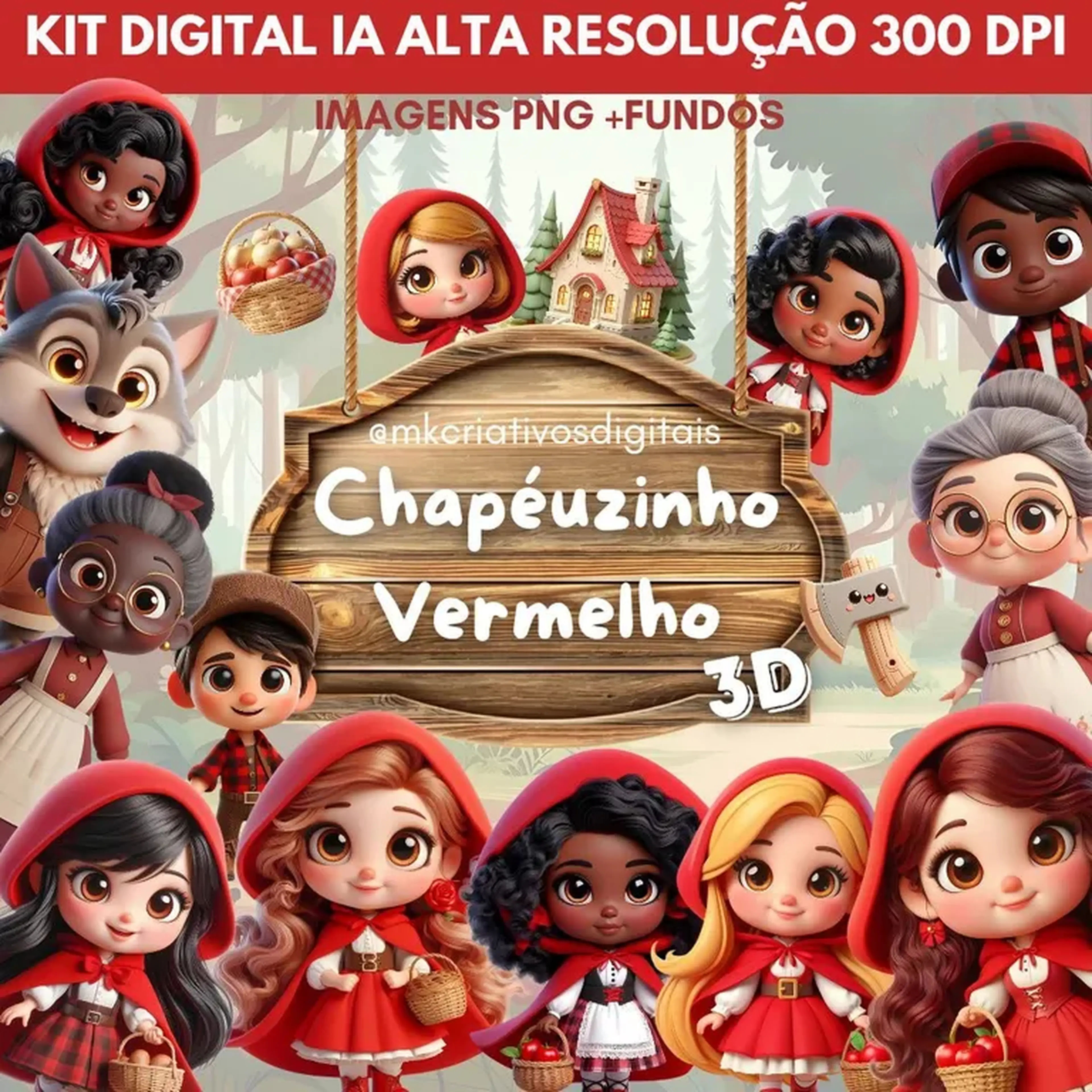 Kit Digital Chapéuzinho 3D - PNG IA imagem