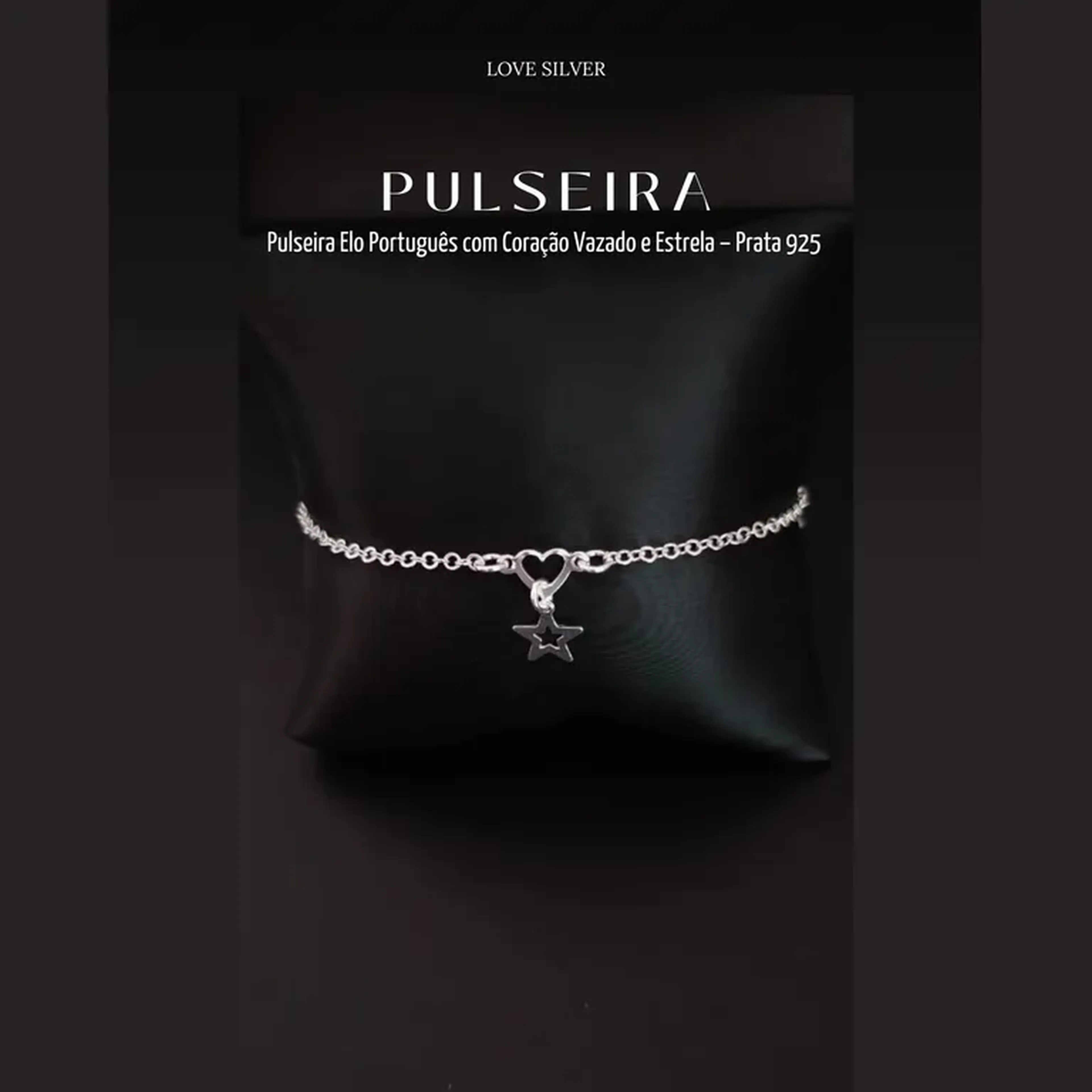Pulseira Elo Português com Coração Vazado e Estrela - Prata 925 imagem