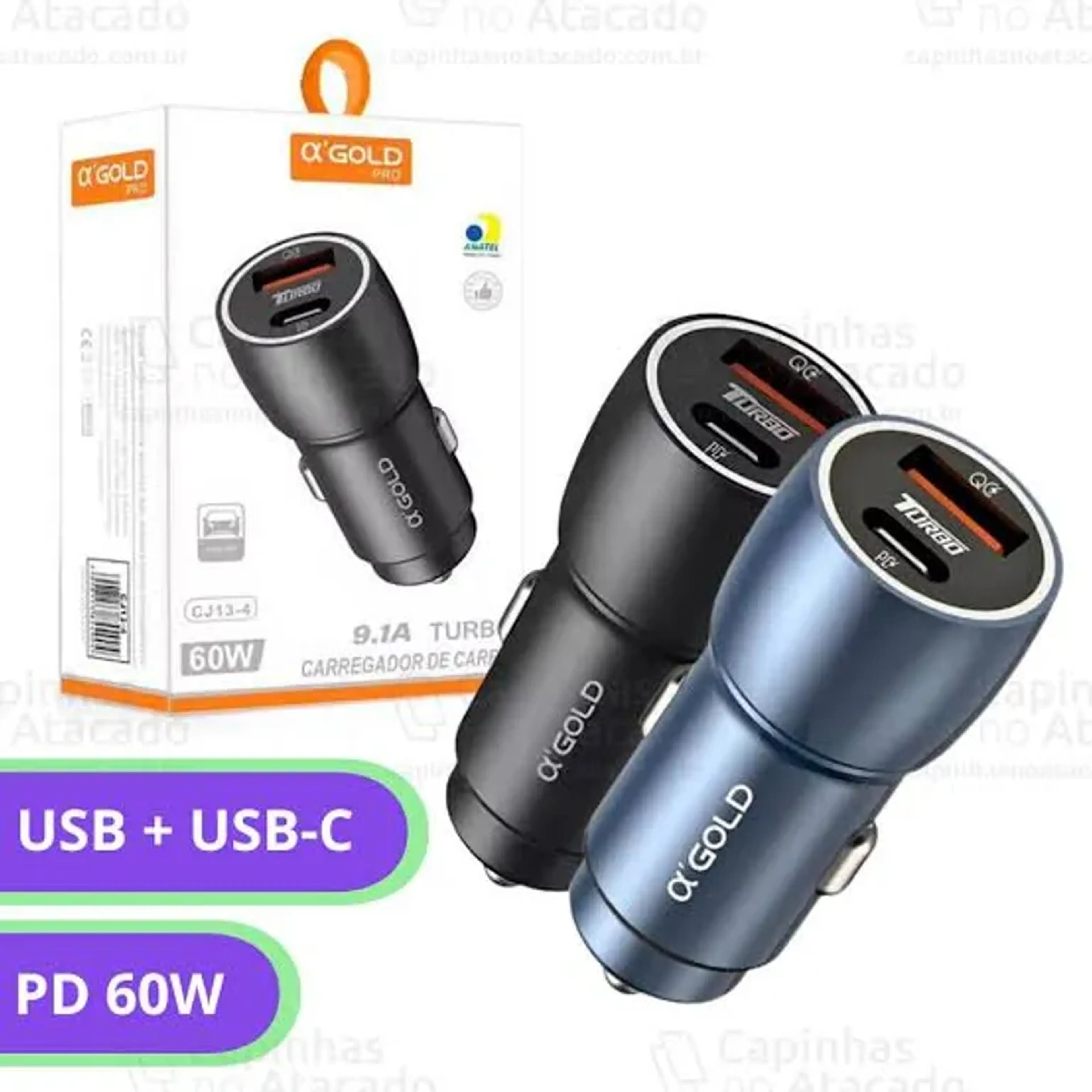 CARREGADOR TURBO VEICULAR USB E USB-C 60W 9.1A imagem
