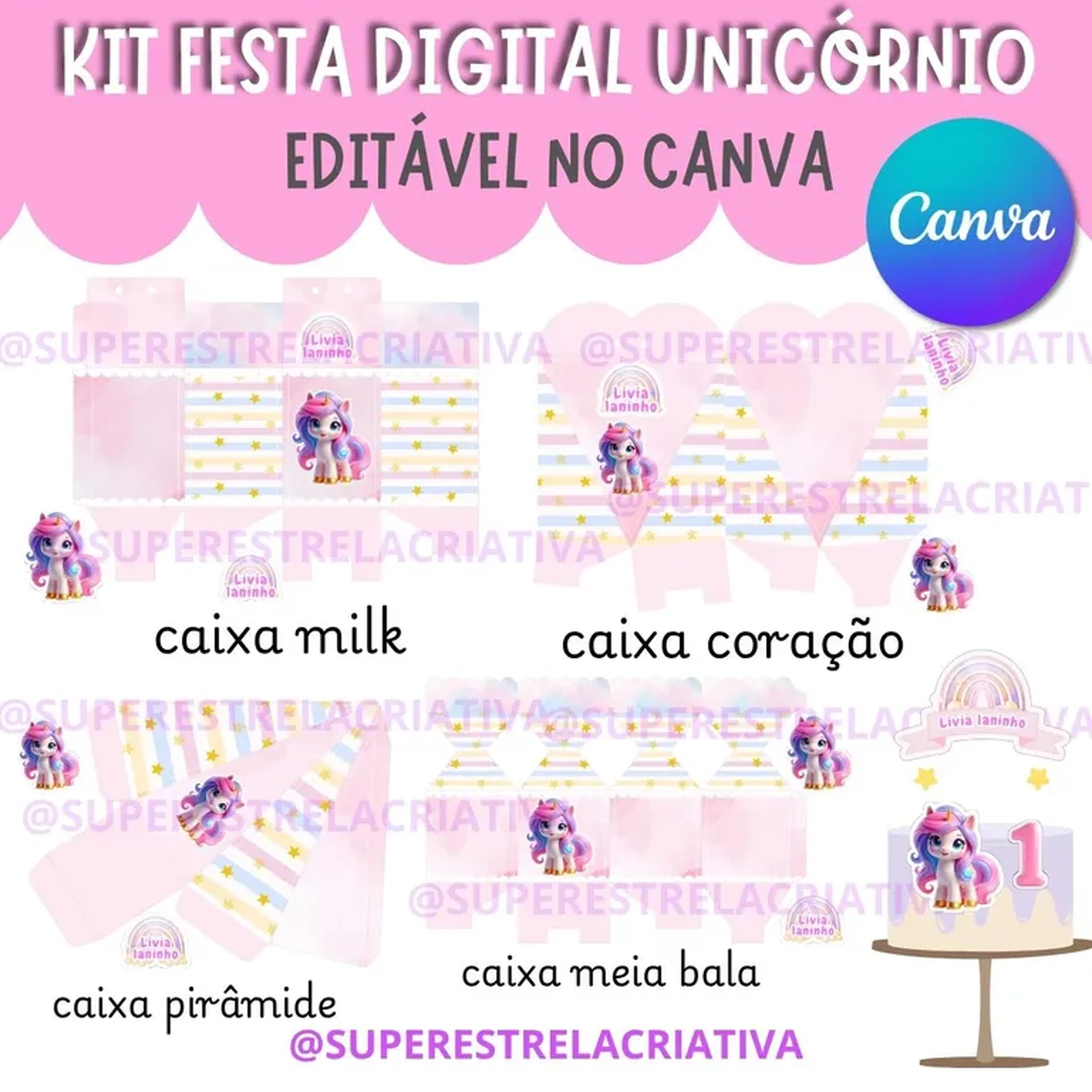 Kit Festa Digital Unicórnio - Editável no Canva imagem