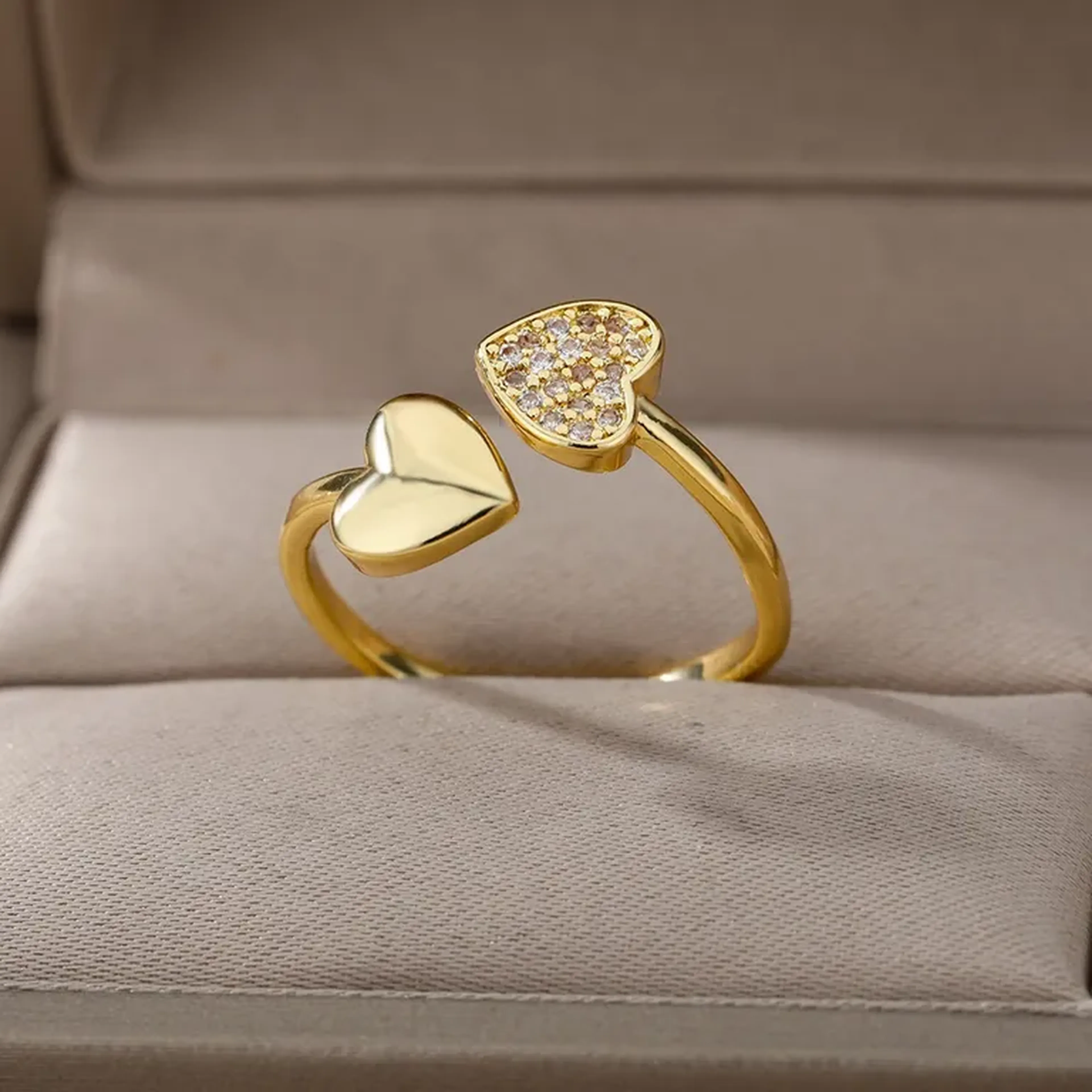 Anel Feminino Coração Duplo Ajustável Cravejado Luxo Ouro 18k imagem