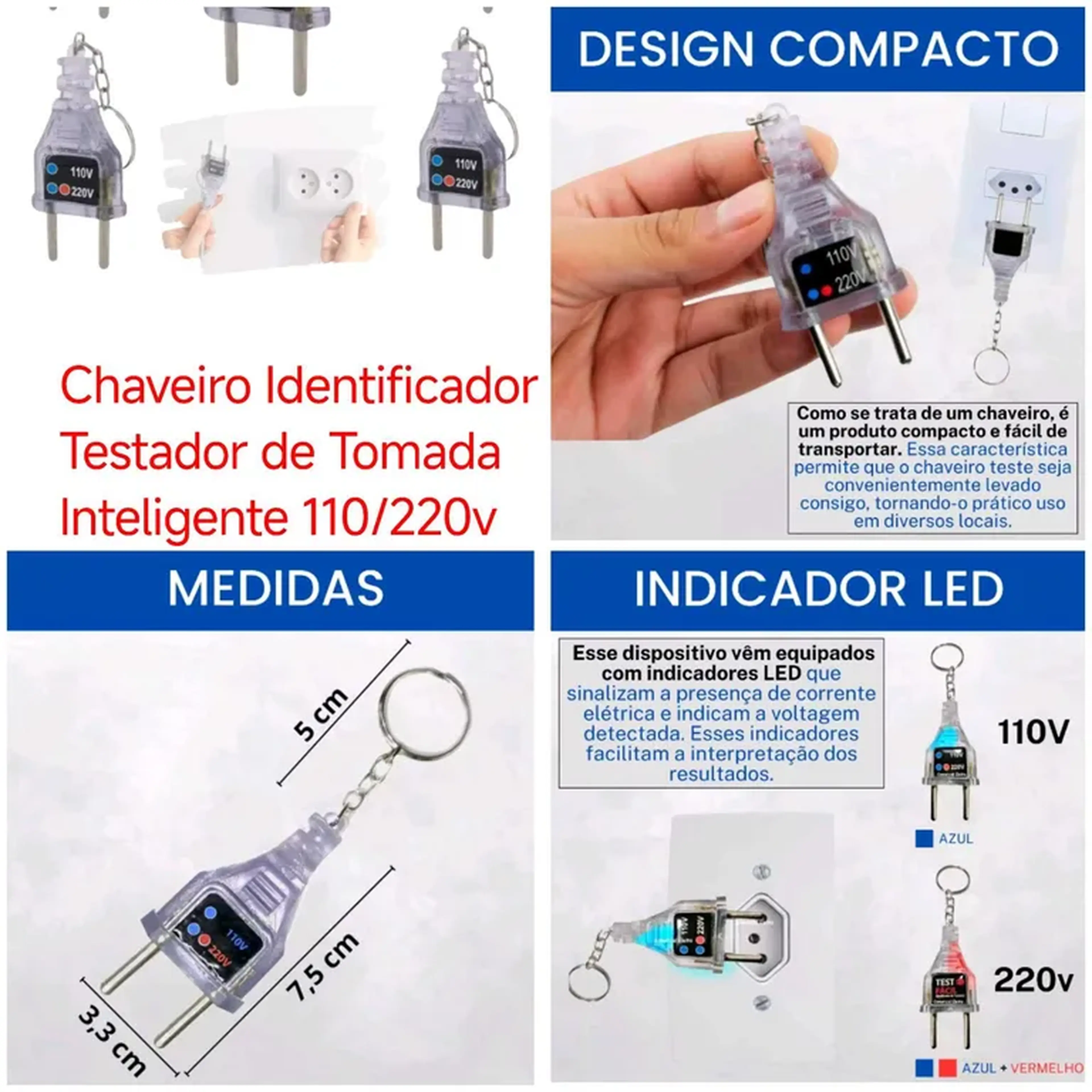 Chaveiro Identificador Testador de Tomada Inteligente 110 220v imagem