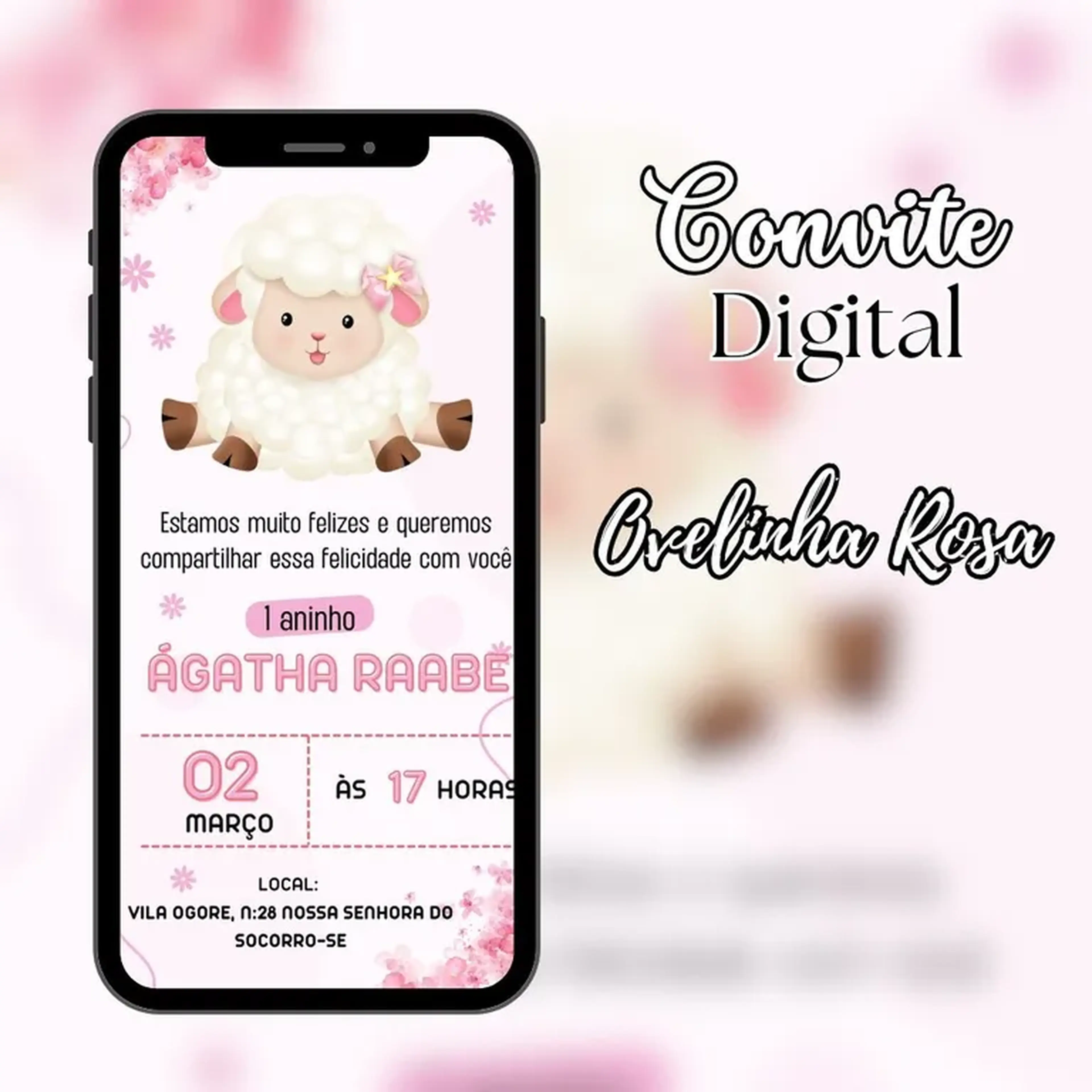 Convite Digital - Ovelhinha Rosa (Chá de bebê, Aniversário) imagem