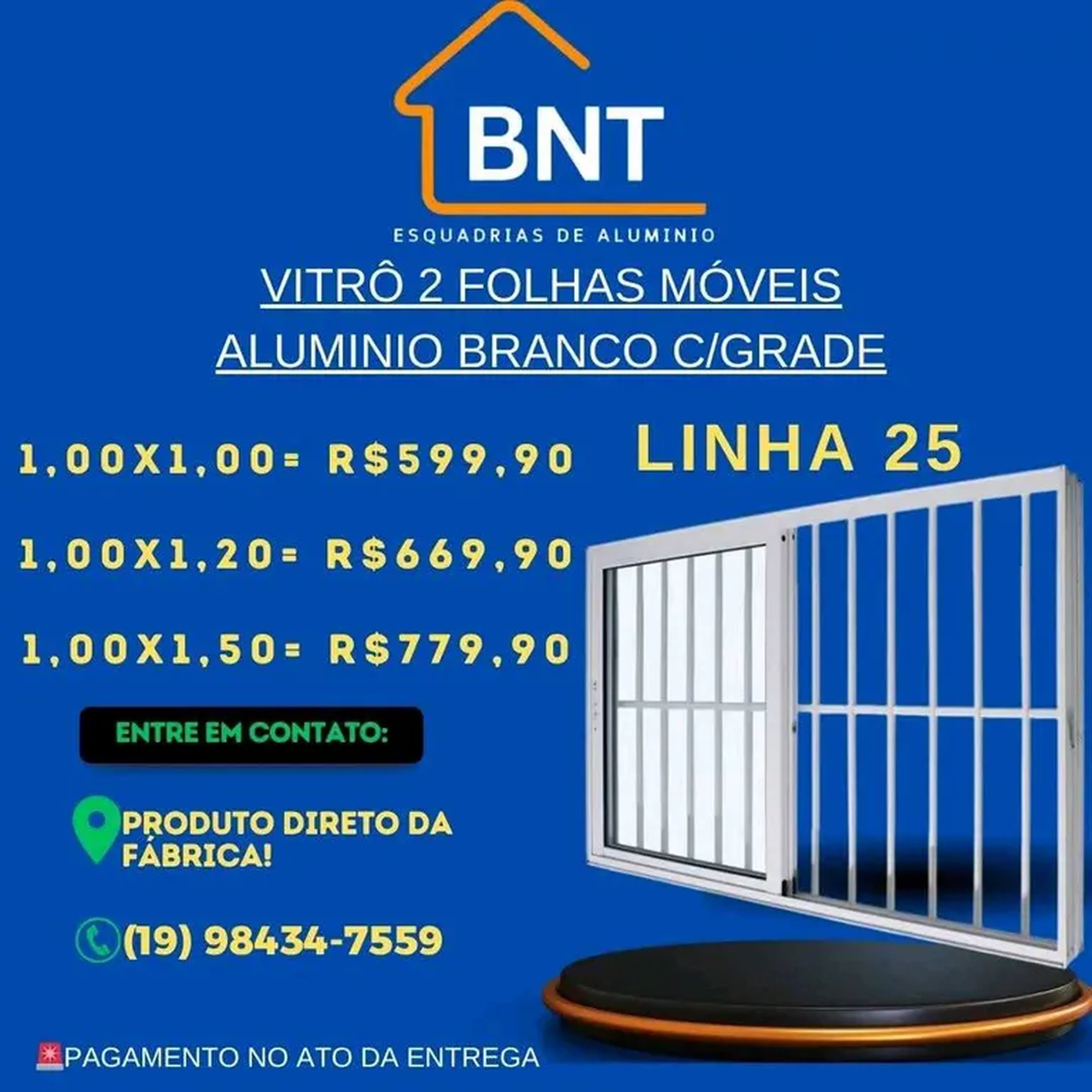 VITRÔ 2 FOLHAS MÓVEIS COM GRADE BRANCO 1.00X1.20 (LINHA 25 imagem