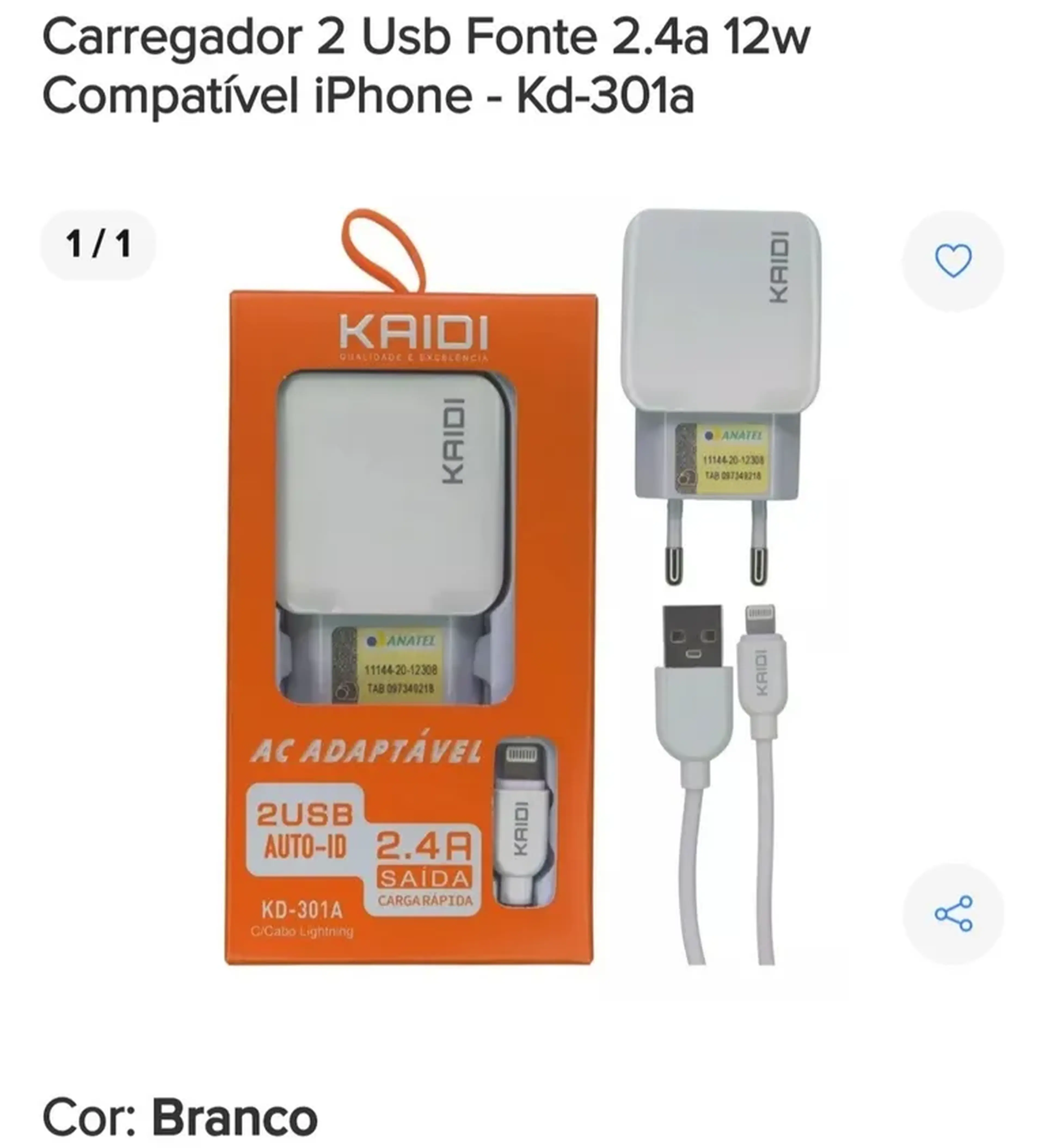 Carregador de Tomada com cabo de Lightning KAIDI KD-301A imagem