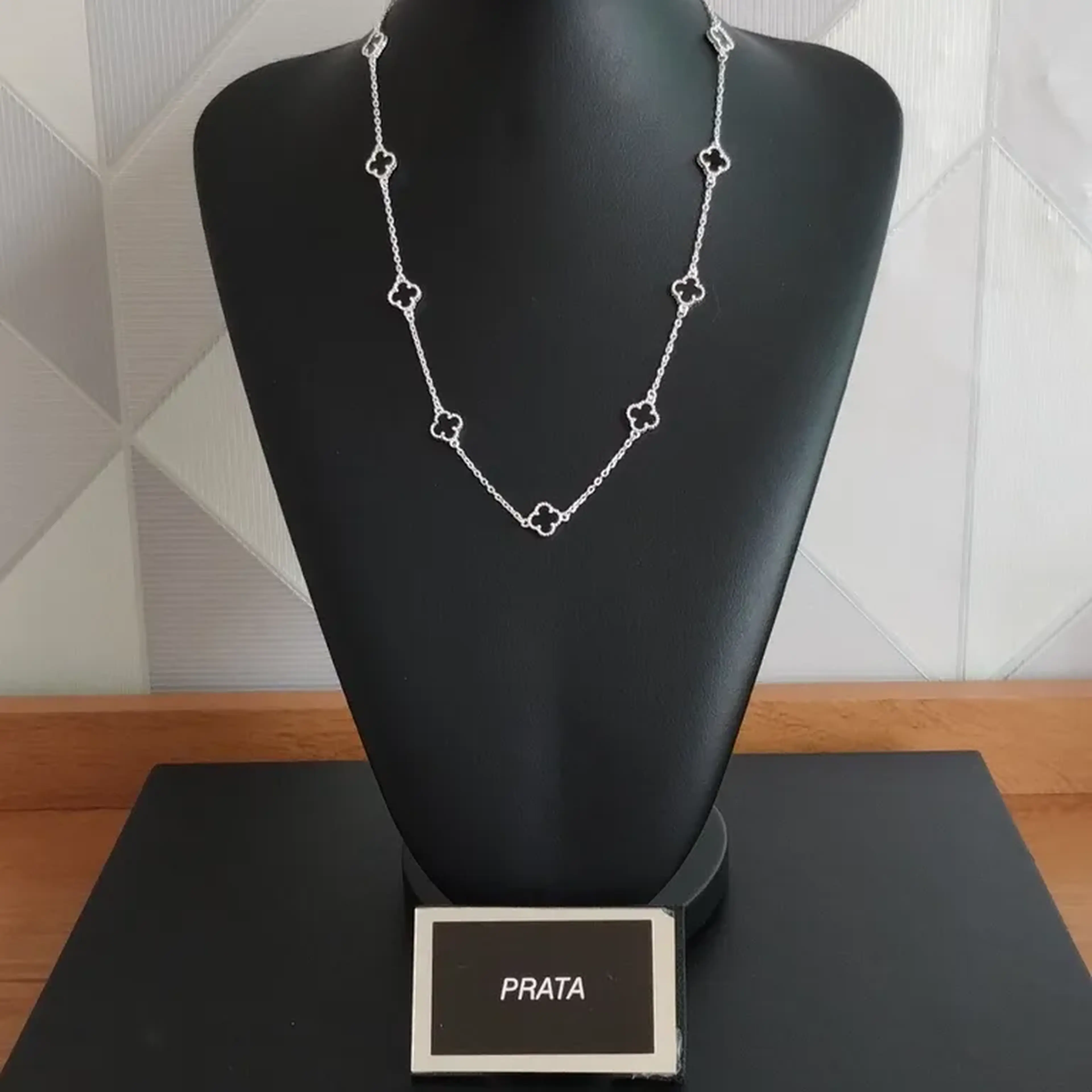 Colar Cadeado Trevo Ônix Prata 925 - 45cm - Love Silver imagem