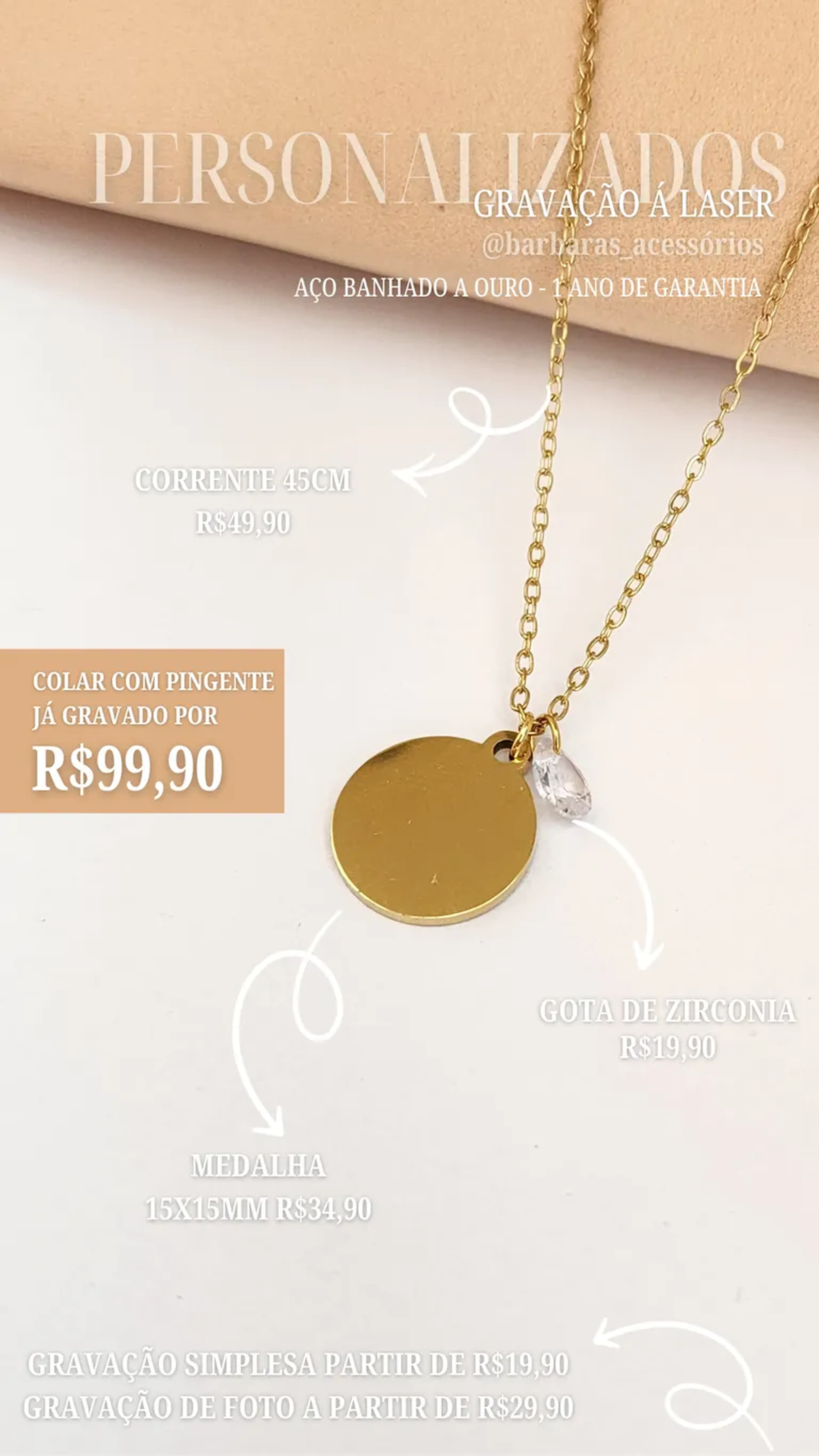 COLAR MEDALHA GOTA 15X15MM AÇO BANHADO imagem