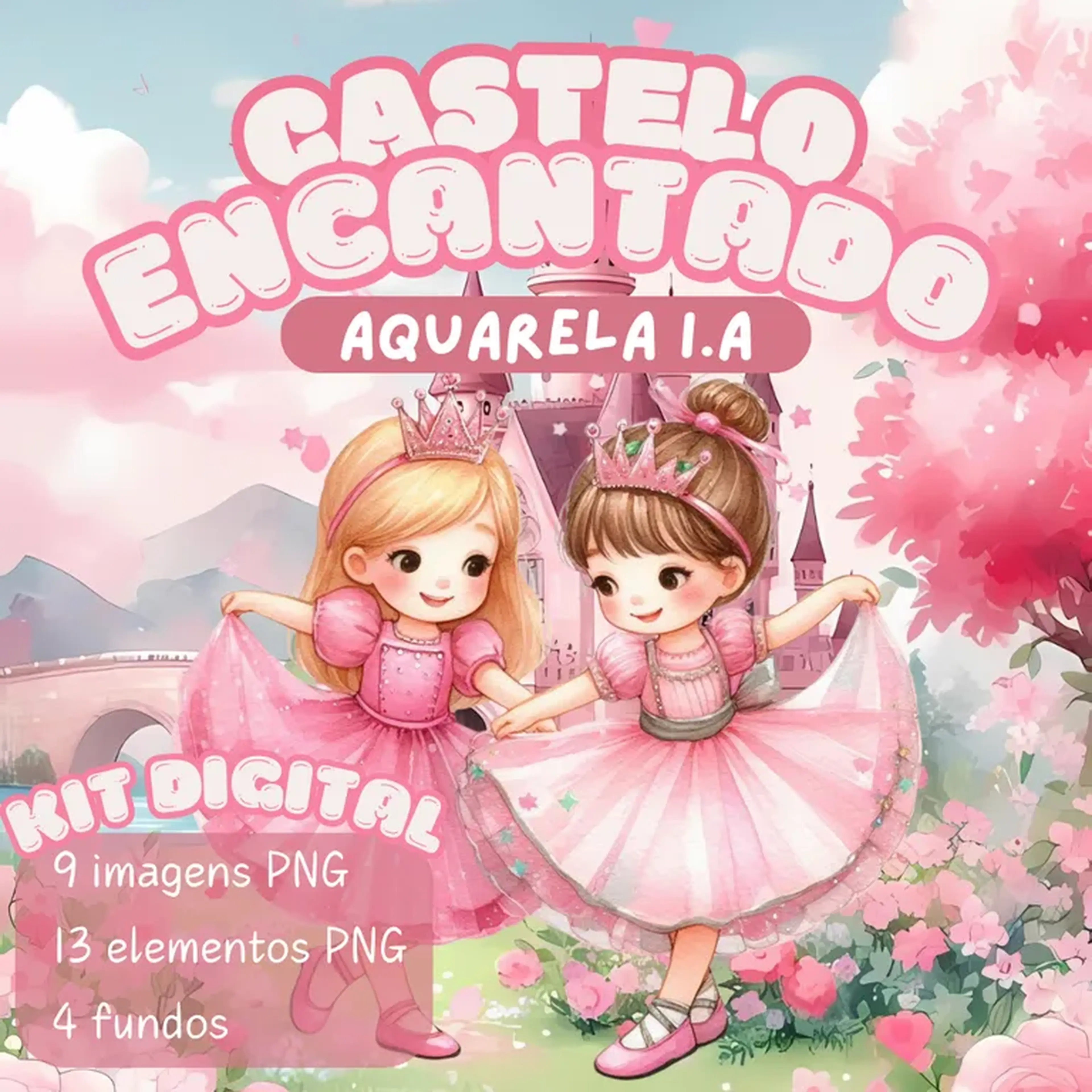 Kit Digital Castelo Encantando Aquarela - PNG I.A imagem