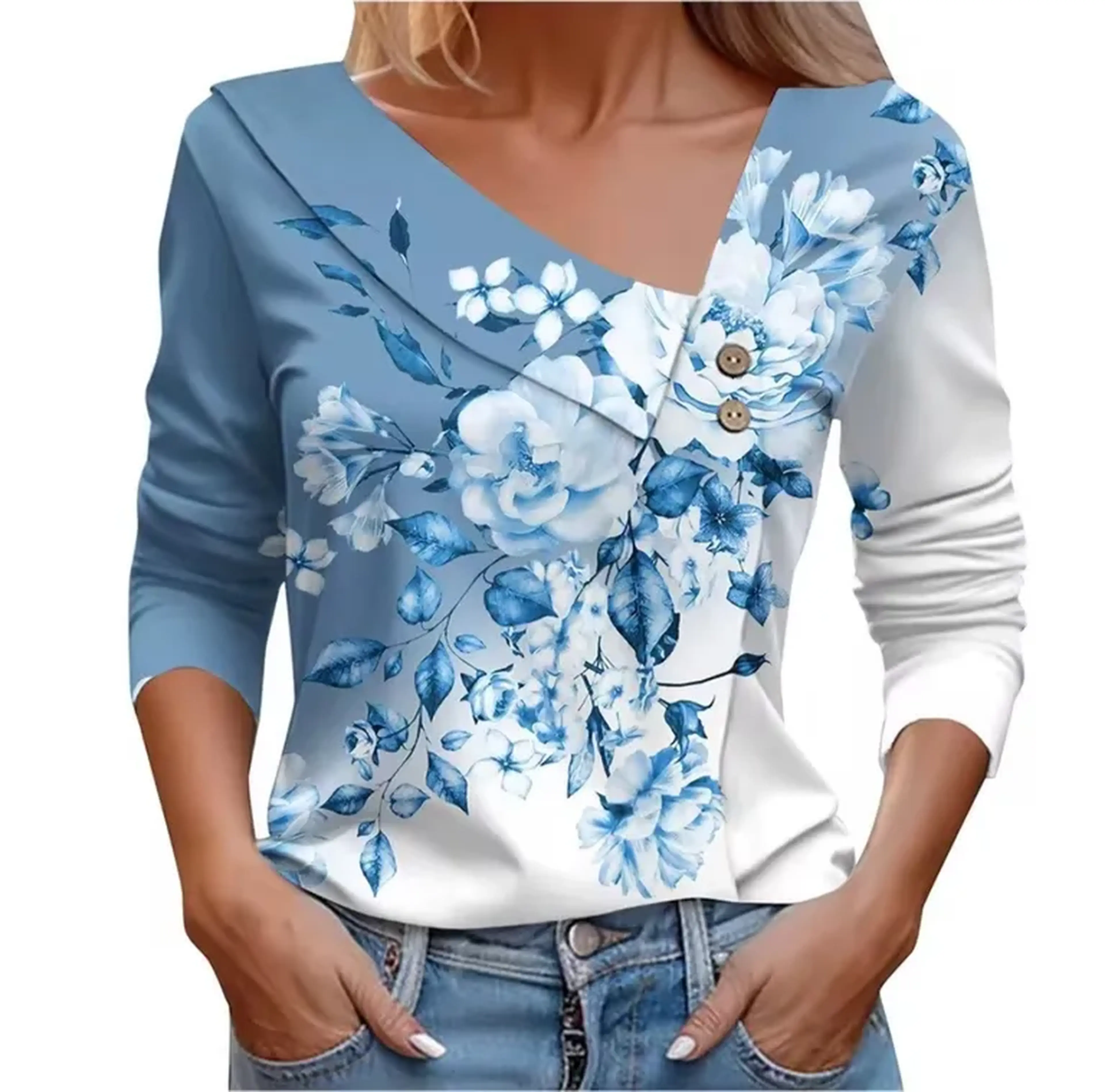 Blusa floral alto estilo manga longa imagem