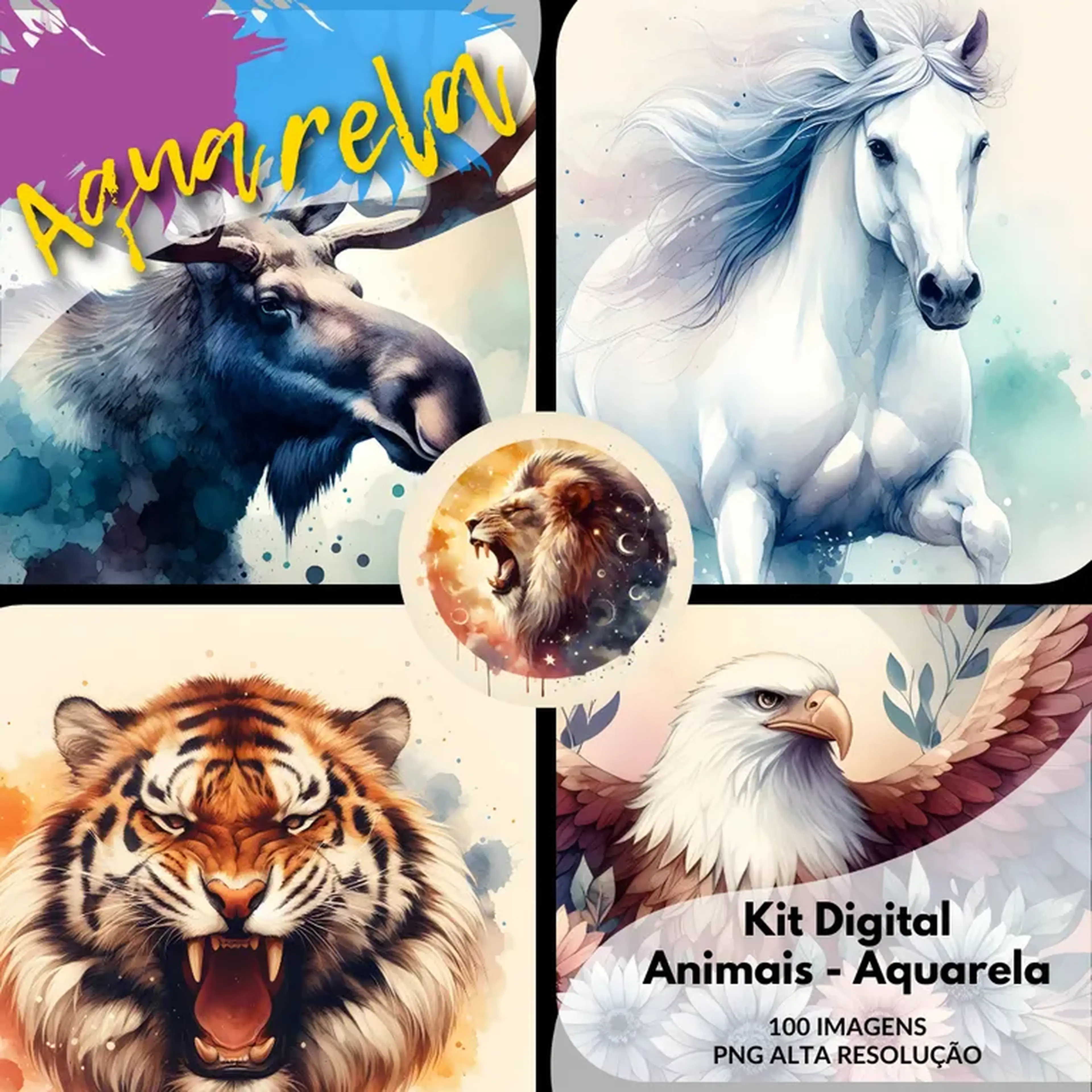Kit Digital Animais - Aquarela imagem