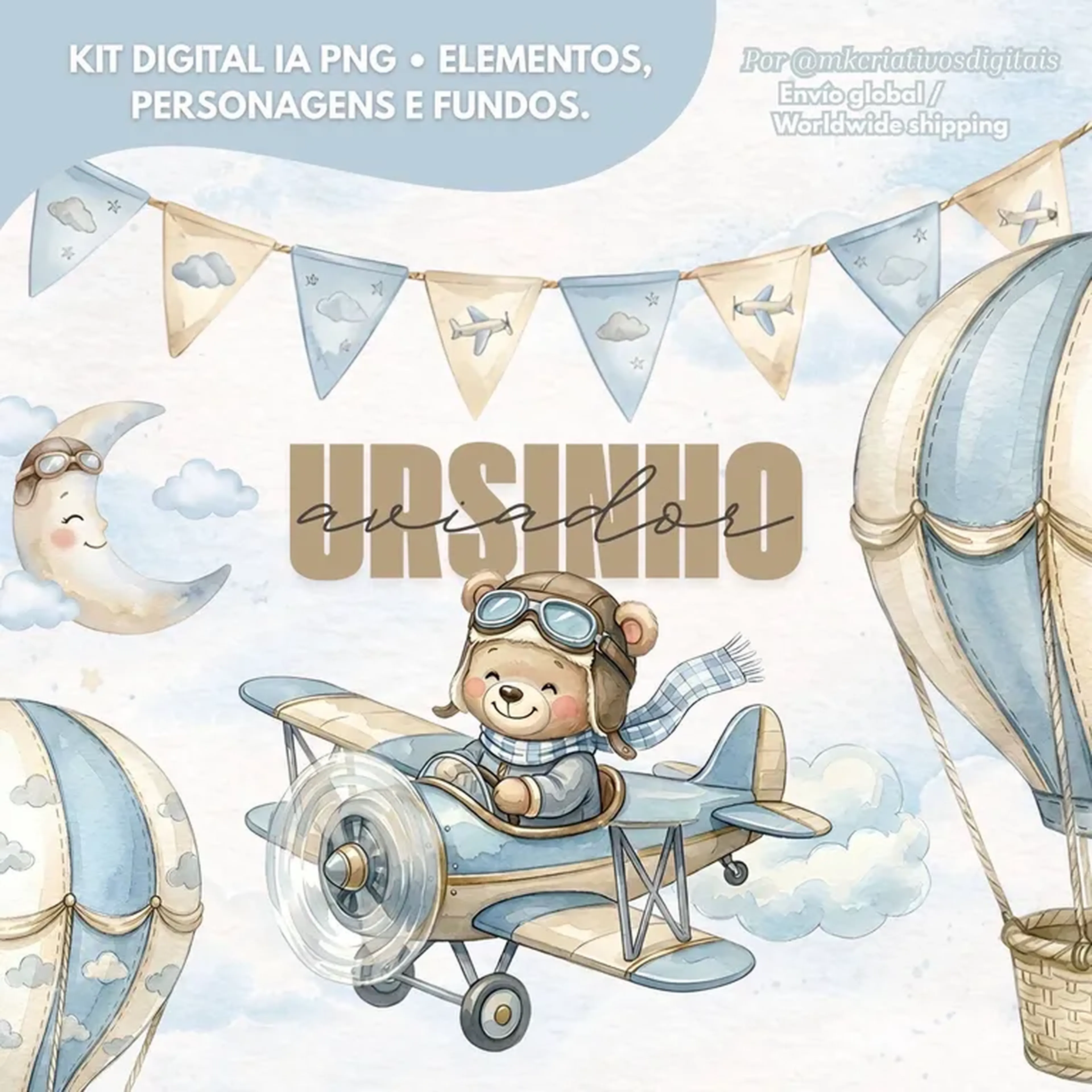 Ursinho Aviador - Kit digital IA PNG imagem