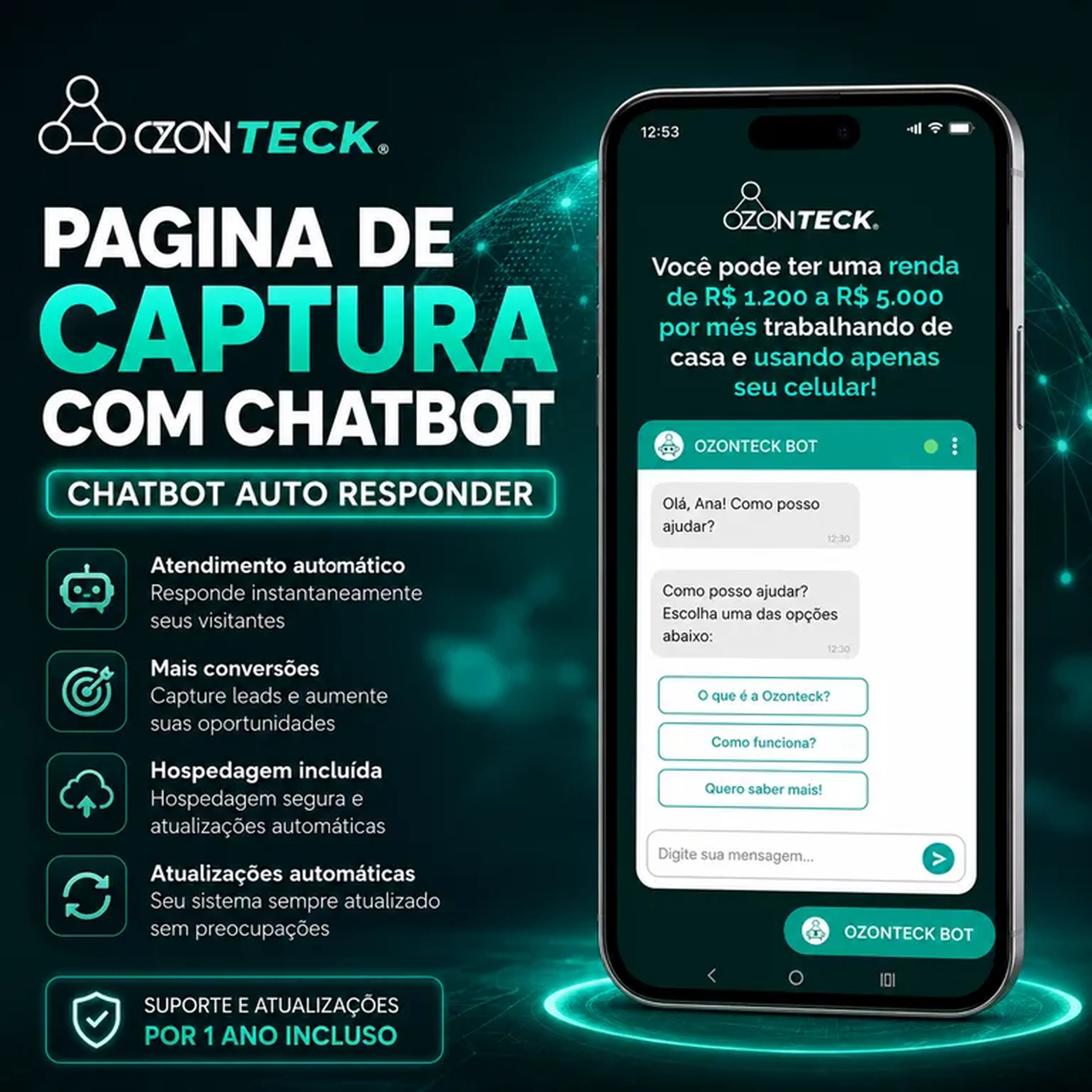 Ozonteck Página de Captura com Chatbot imagem
