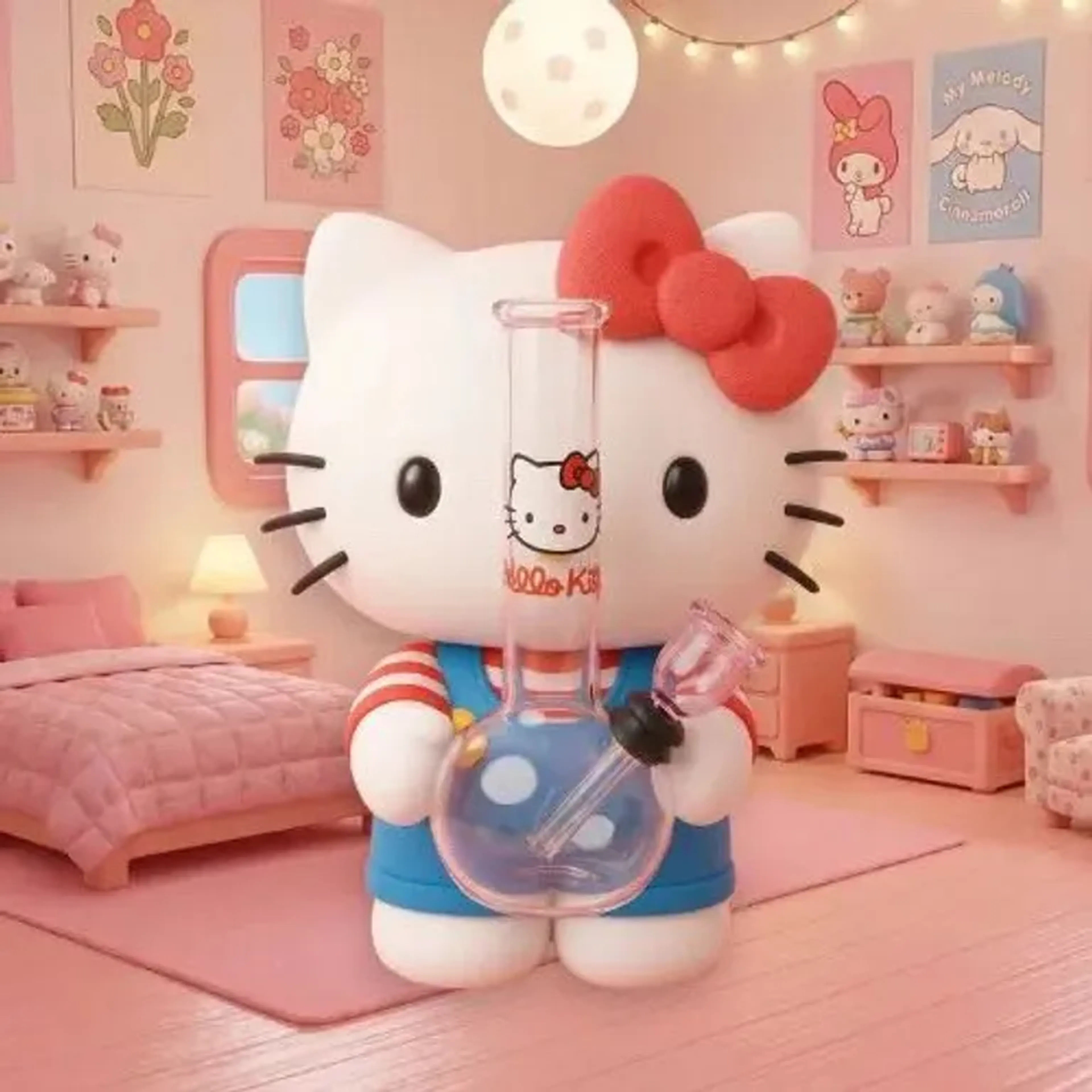 Micro Bong de Vidro Rosa Inspiração Hello Kitty imagem