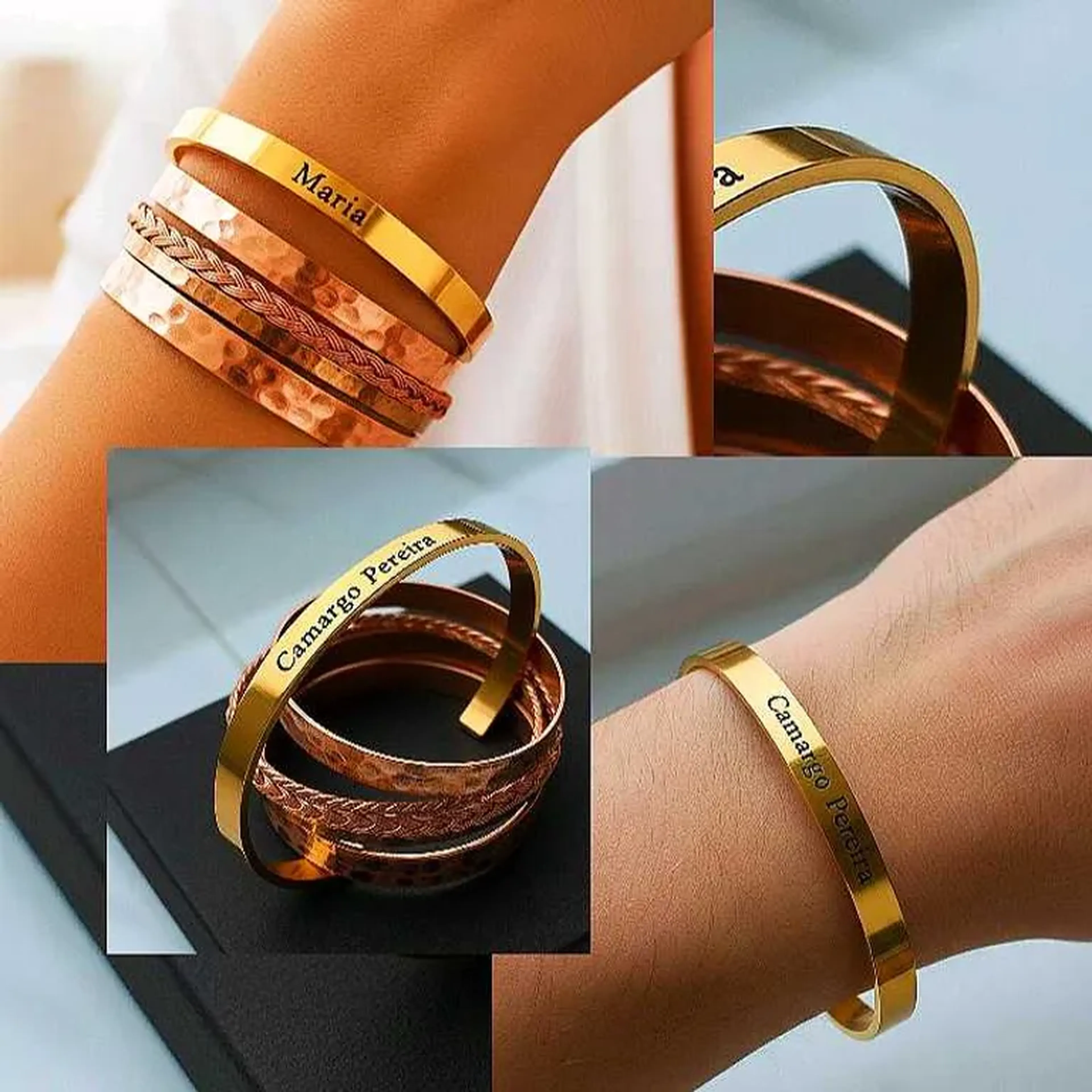 Pulseira de cobre com nome banhado a ouro imagem
