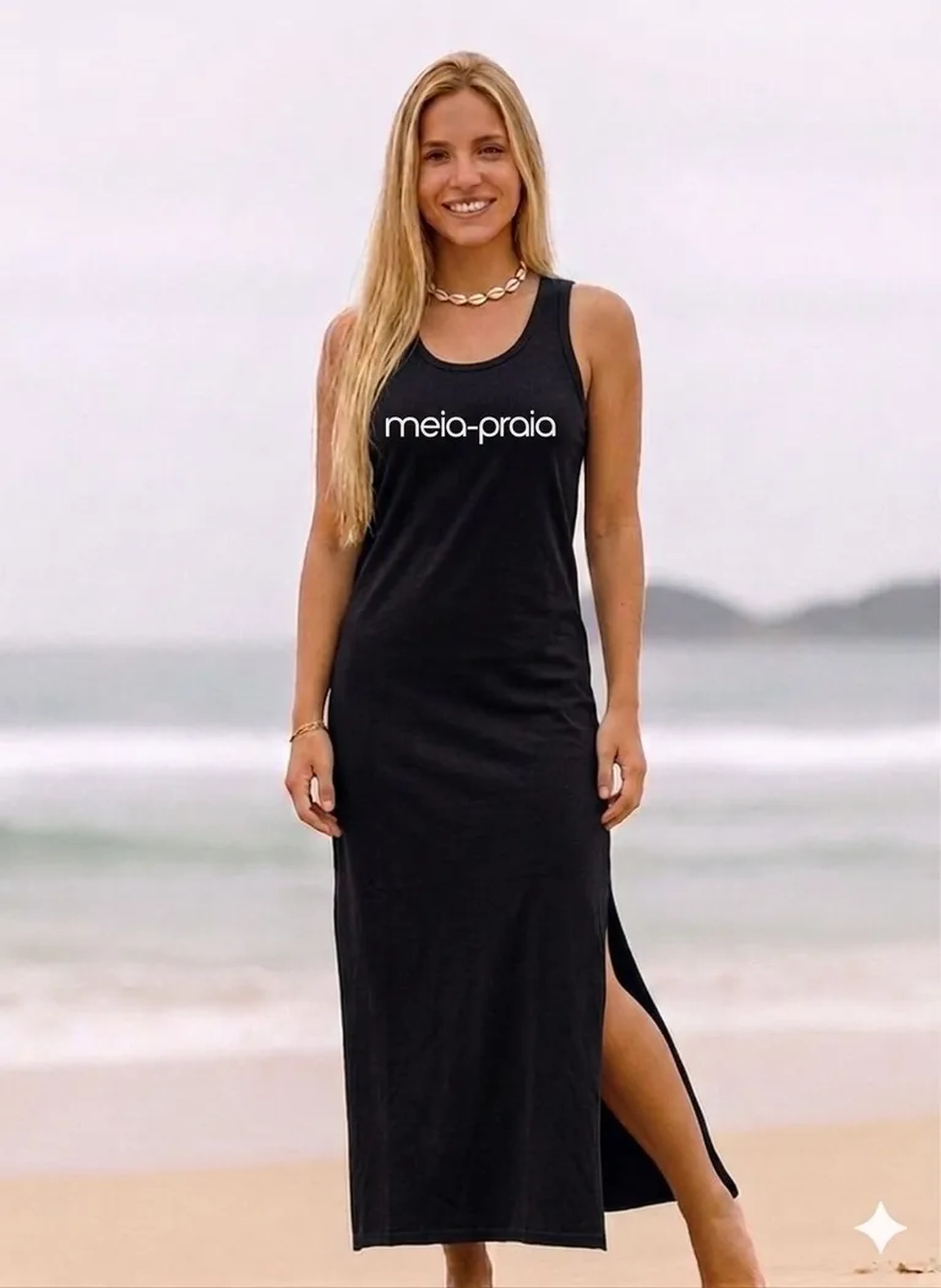 Vestido Longo Preto Meia-Praia Branco imagem
