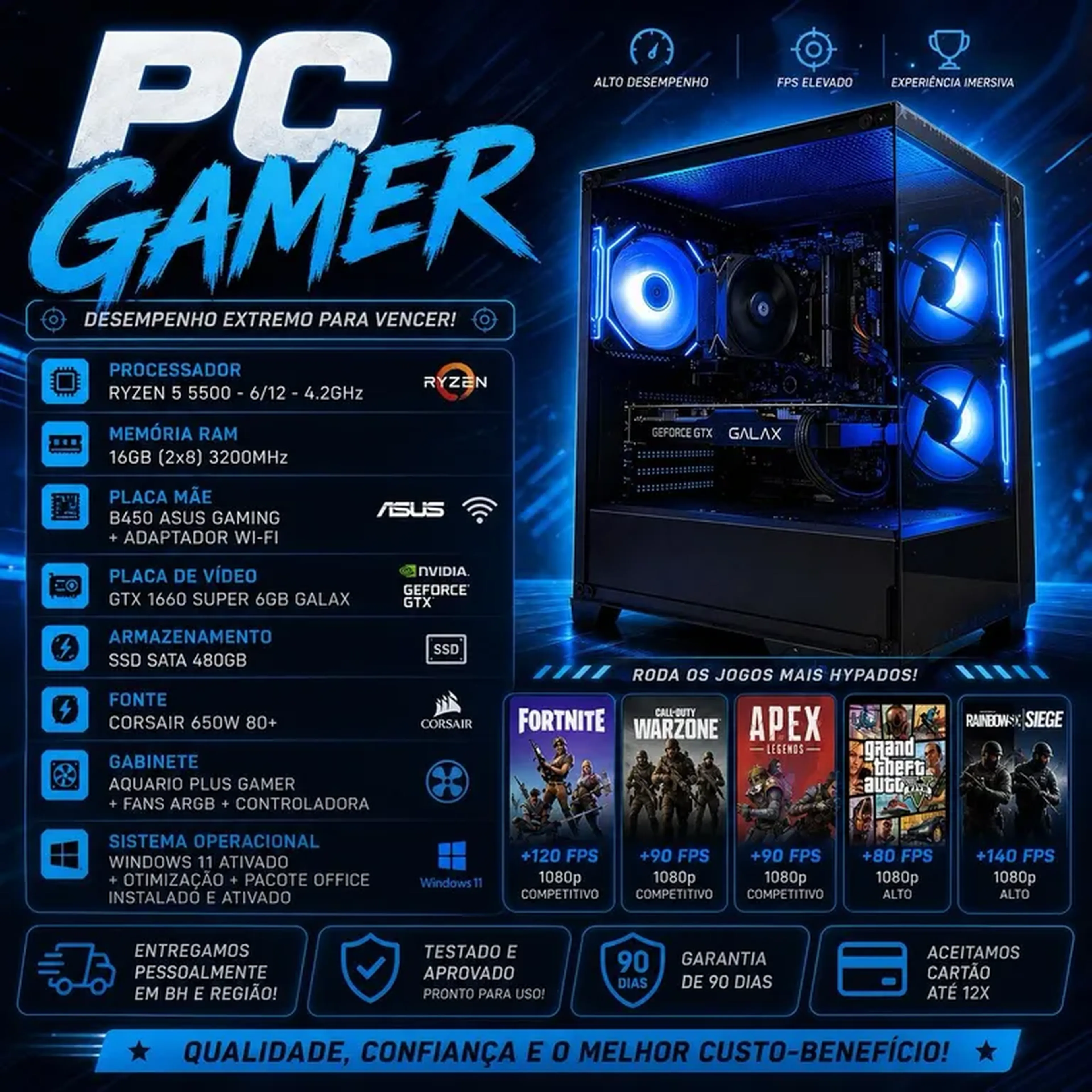 PC Gamer Novo - Ryzen 5 5500 - 16GB RAM - GTX1660 SUPER 6GB imagem
