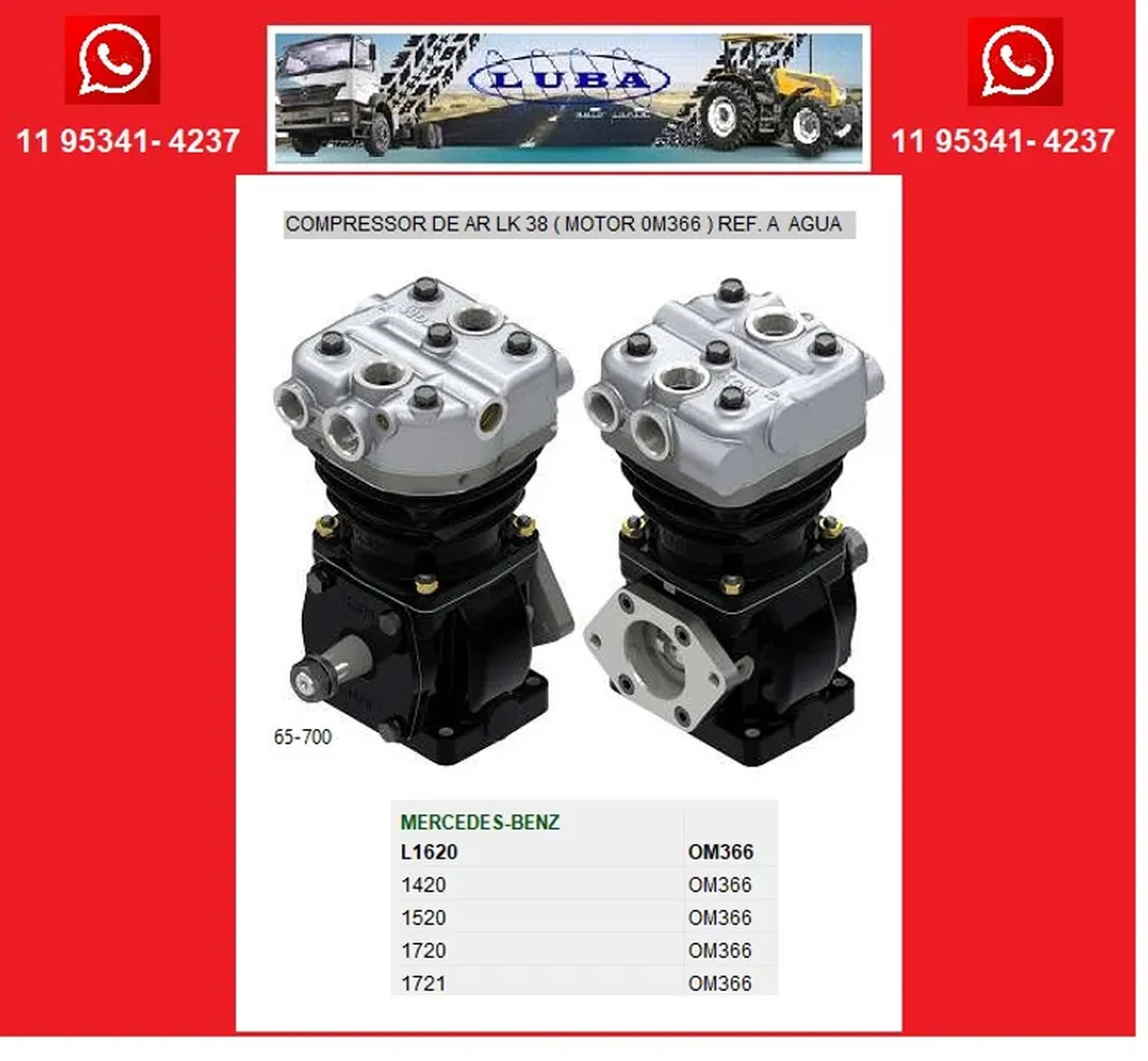 Compressor Ar Freio Mercedes 1620 Om 366 REF. AGUA imagem
