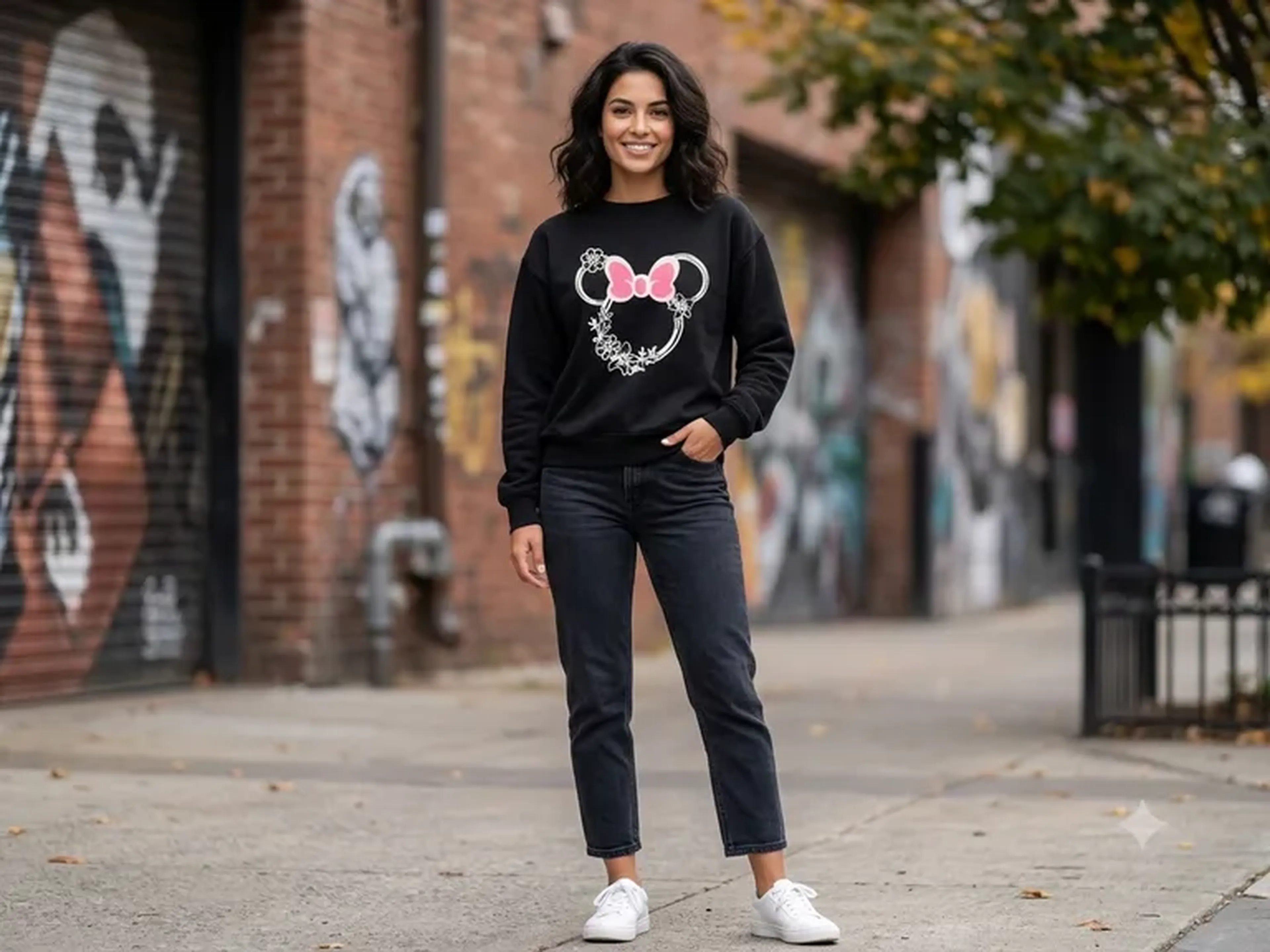Moletom Cropped Gola Careca Minnie Floral - Preto imagem