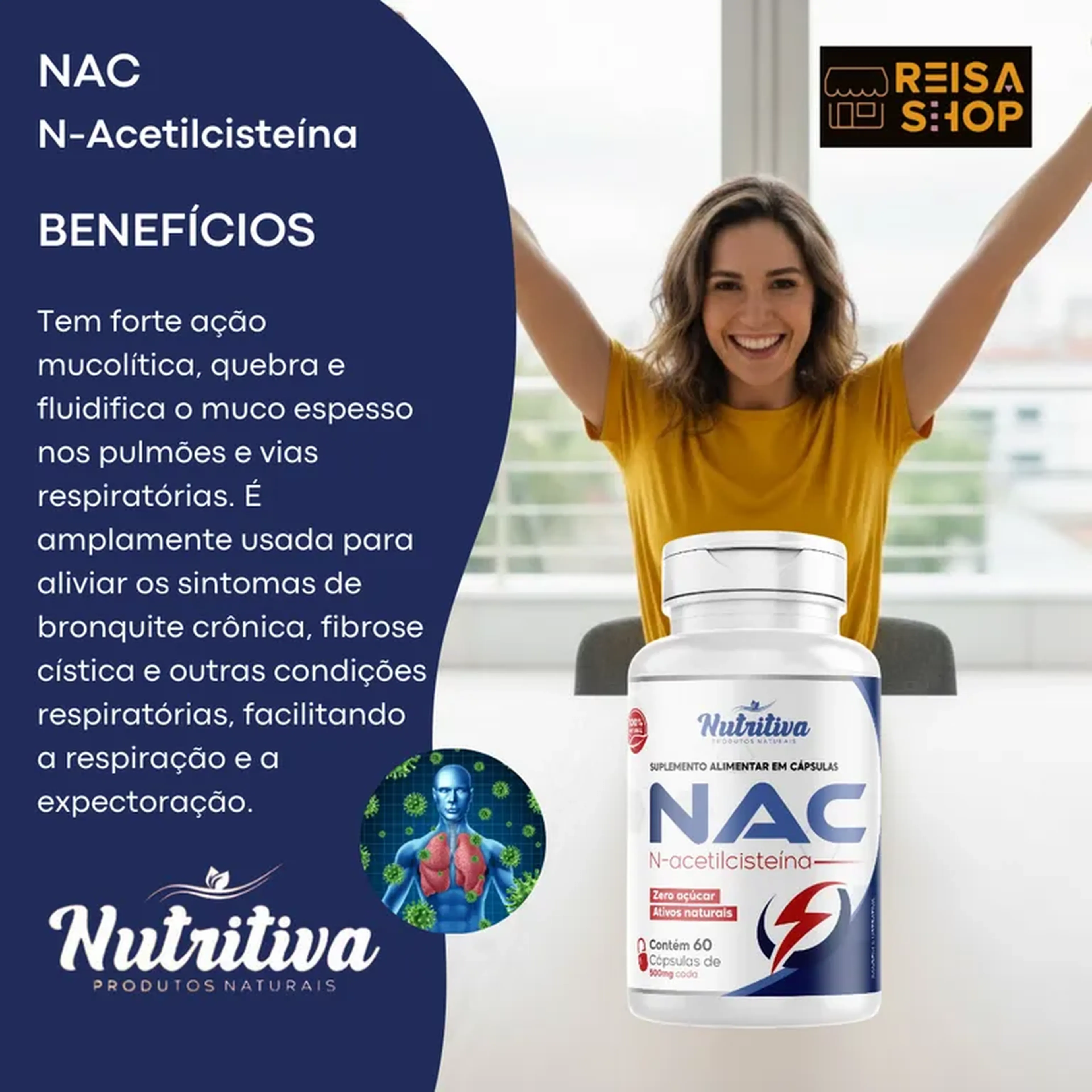 NAC N-Acetilcisteína 60 Cápsulas - Nutritiva imagem