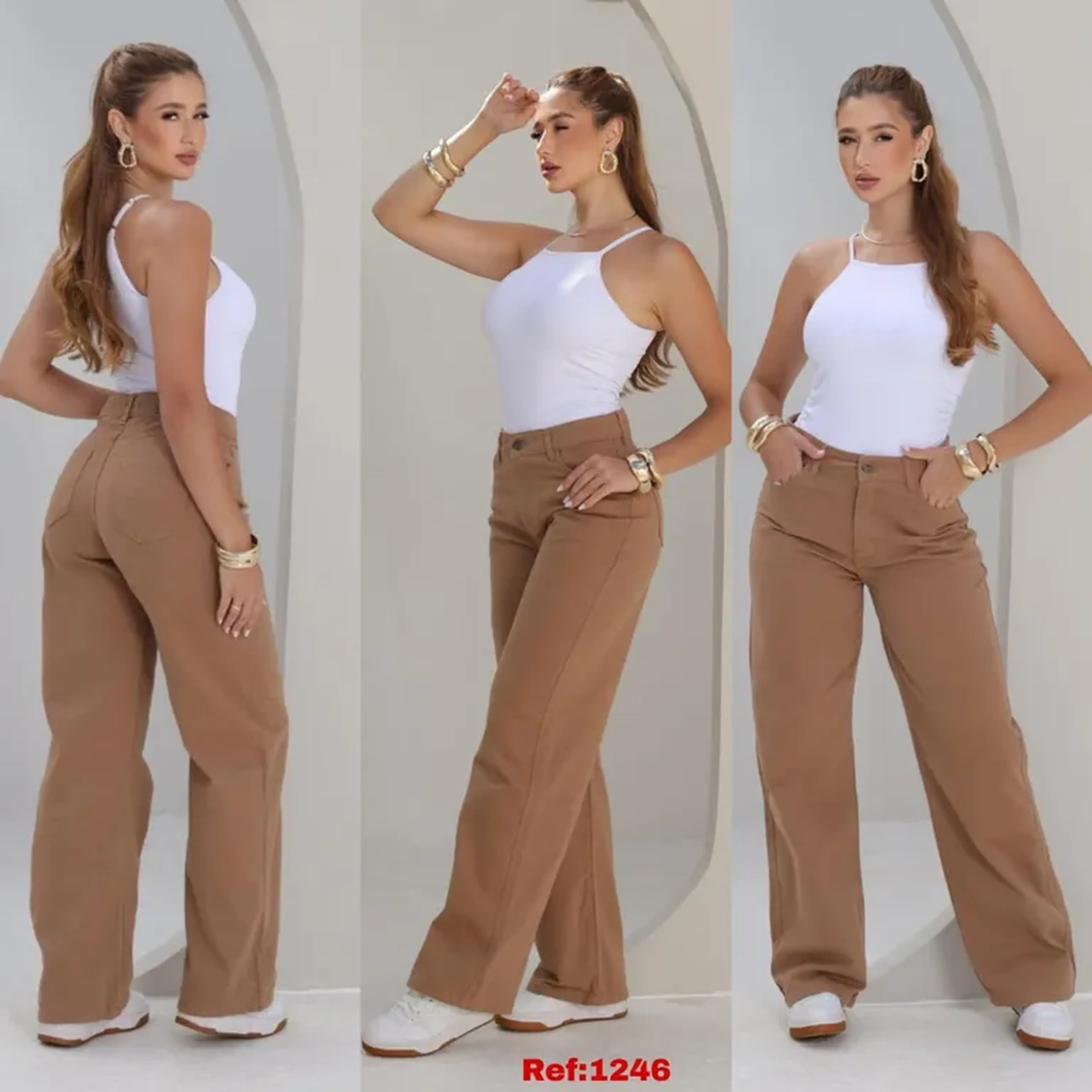 Calça Wide Leg Caramelo 100% Algodão imagem