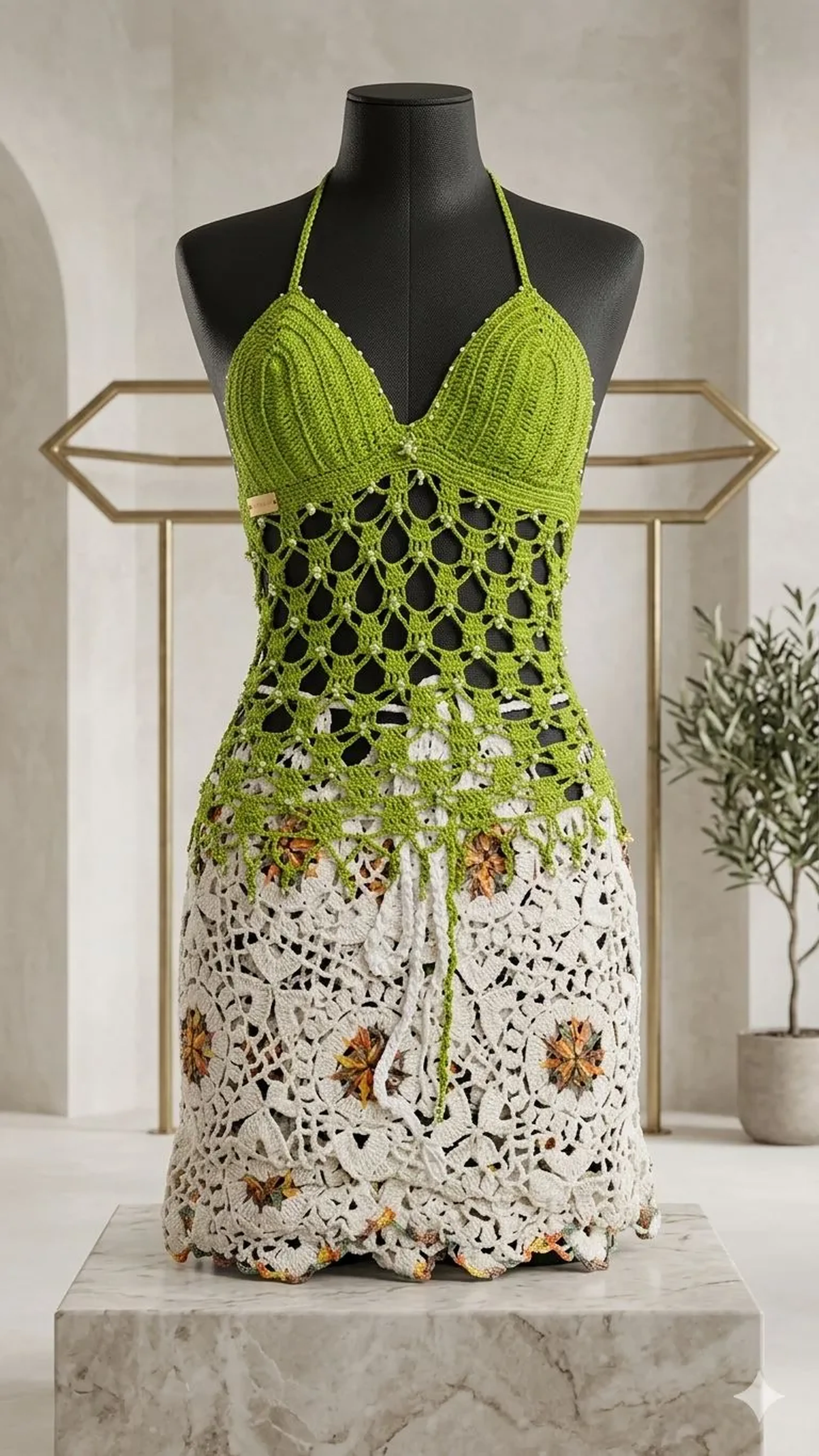 Conjunto Floral e Redinha em Crochê – Verde e Off-White imagem