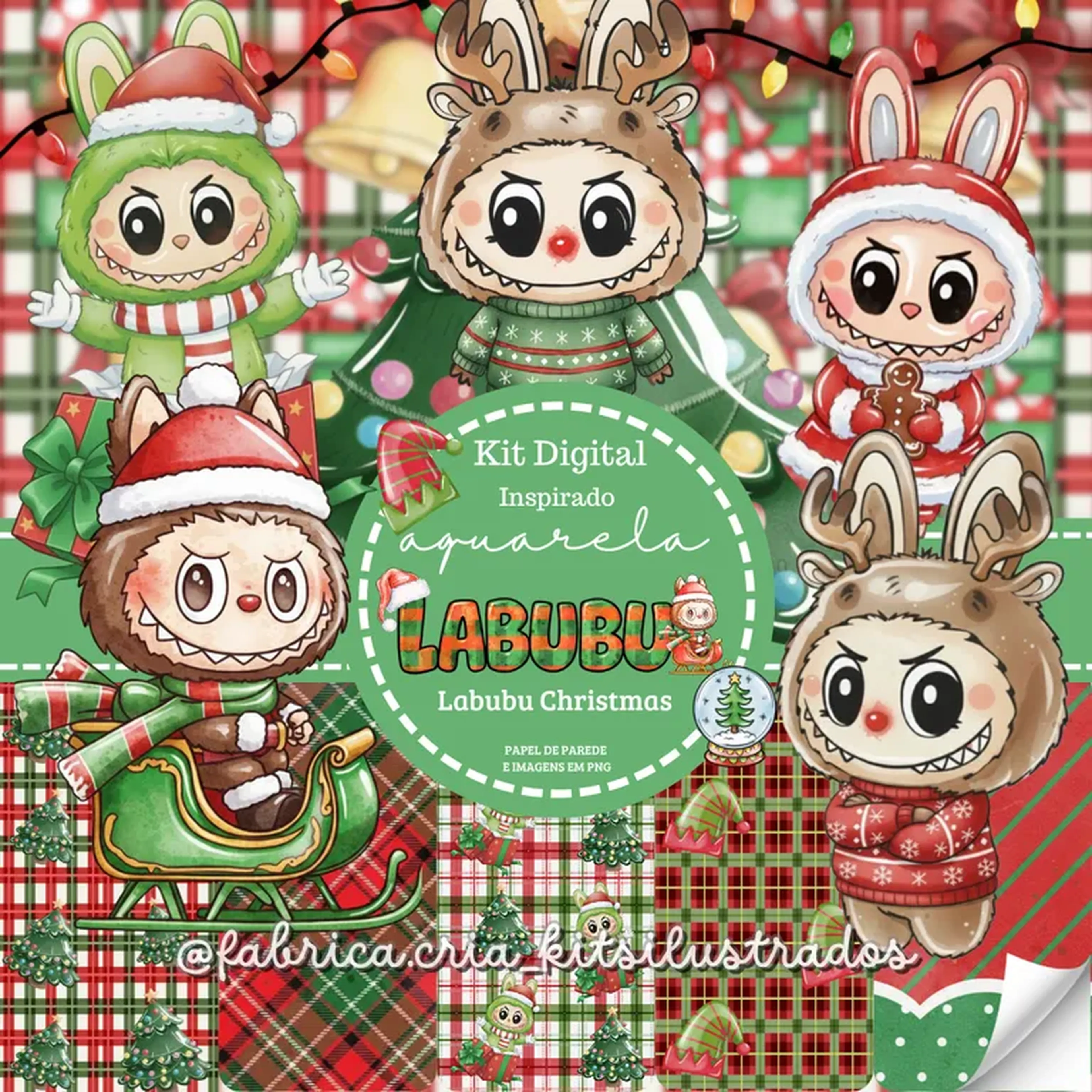 Kit Digital Aquarela Inspirado Labubu Christmas imagem