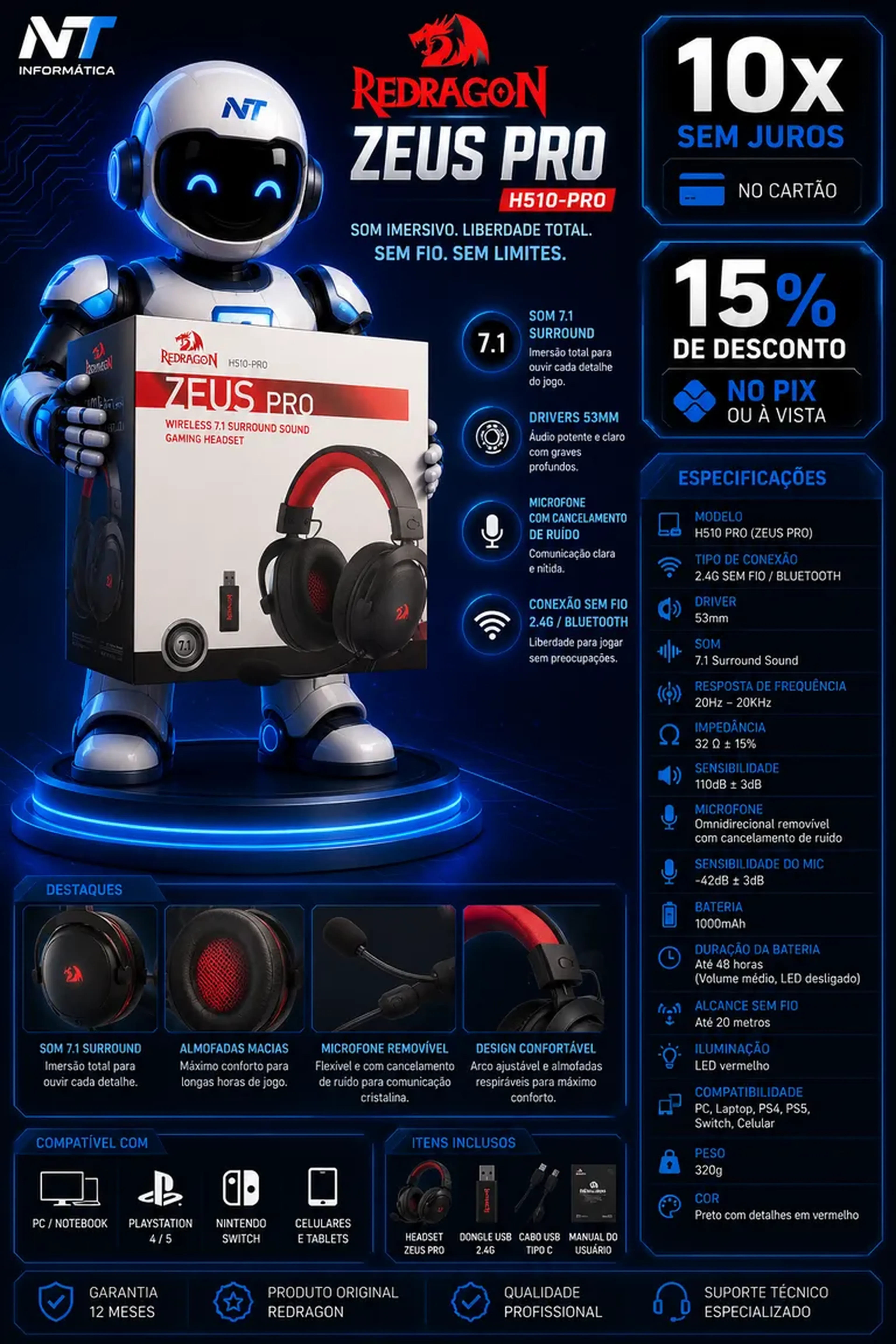 🎧 Headset Gamer Redragon Zeus Pro Wireless H510-PRO imagem