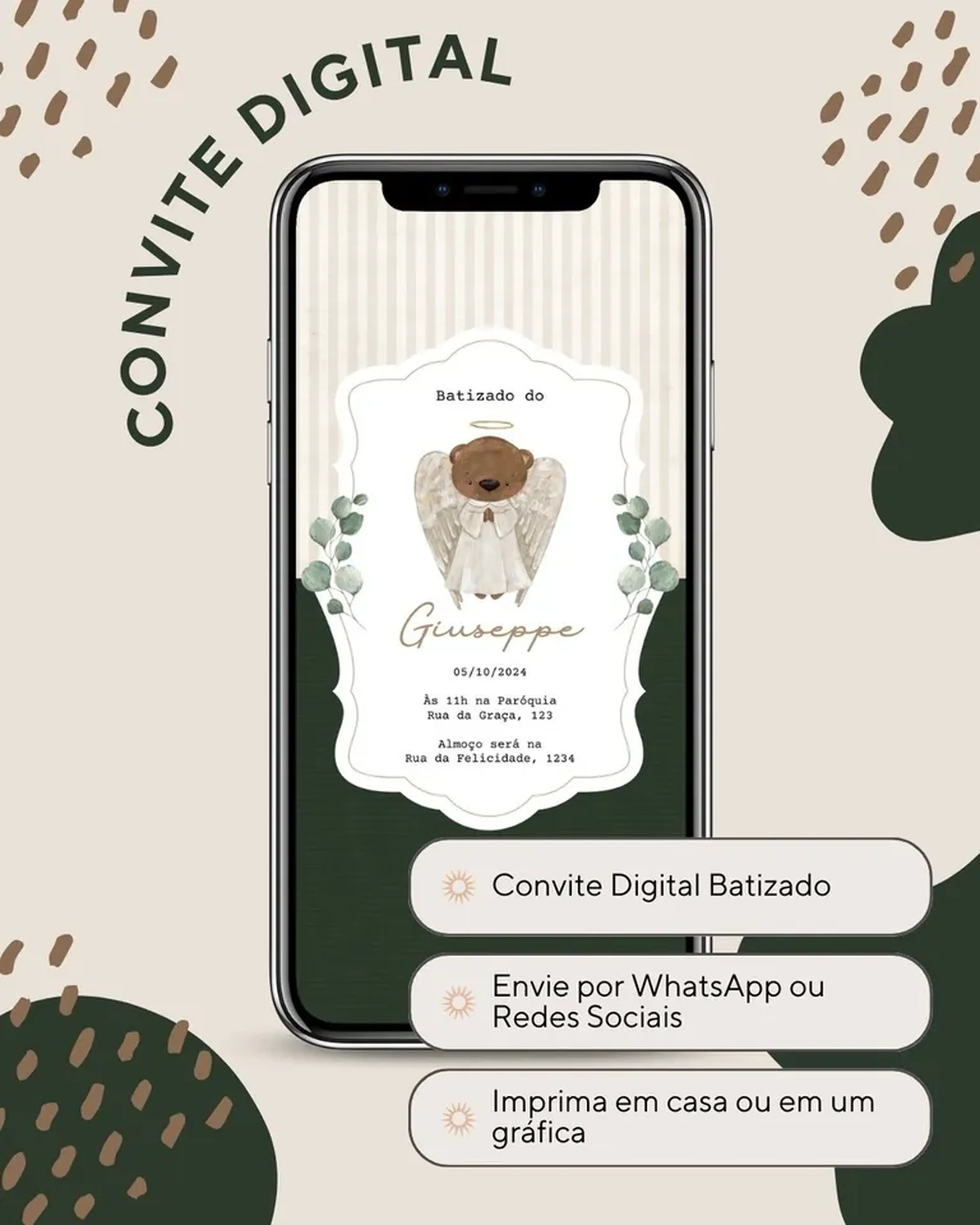 |produto Digital| Convite Digital Batizado Anjinho Urso imagem