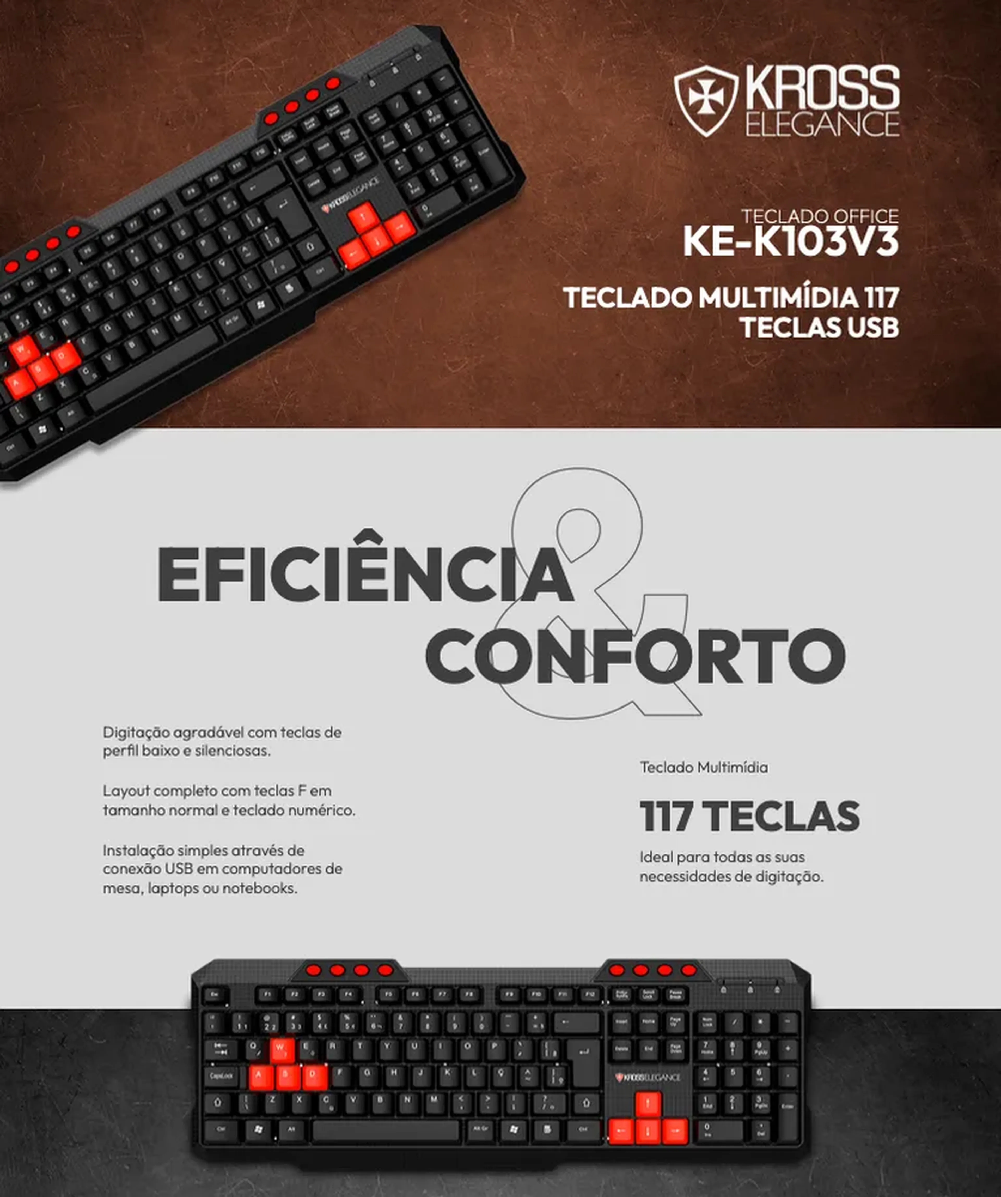 Teclado Com Fio Kross Multimídia Elegance, USB, ABNT2 - KE-K103V imagem