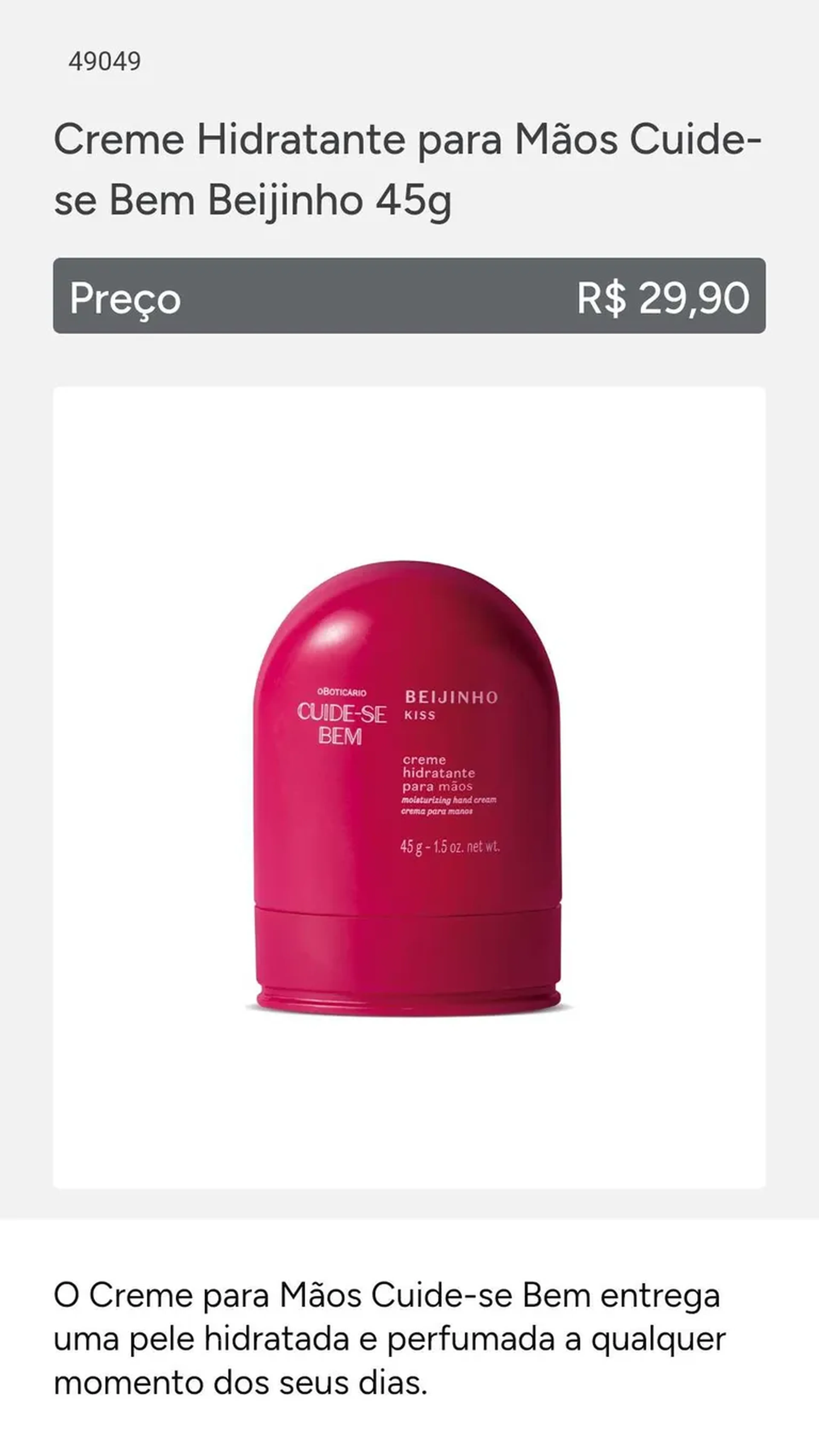 Creme Hidratante para Mãos Cuide-se Bem Beijinho imagem