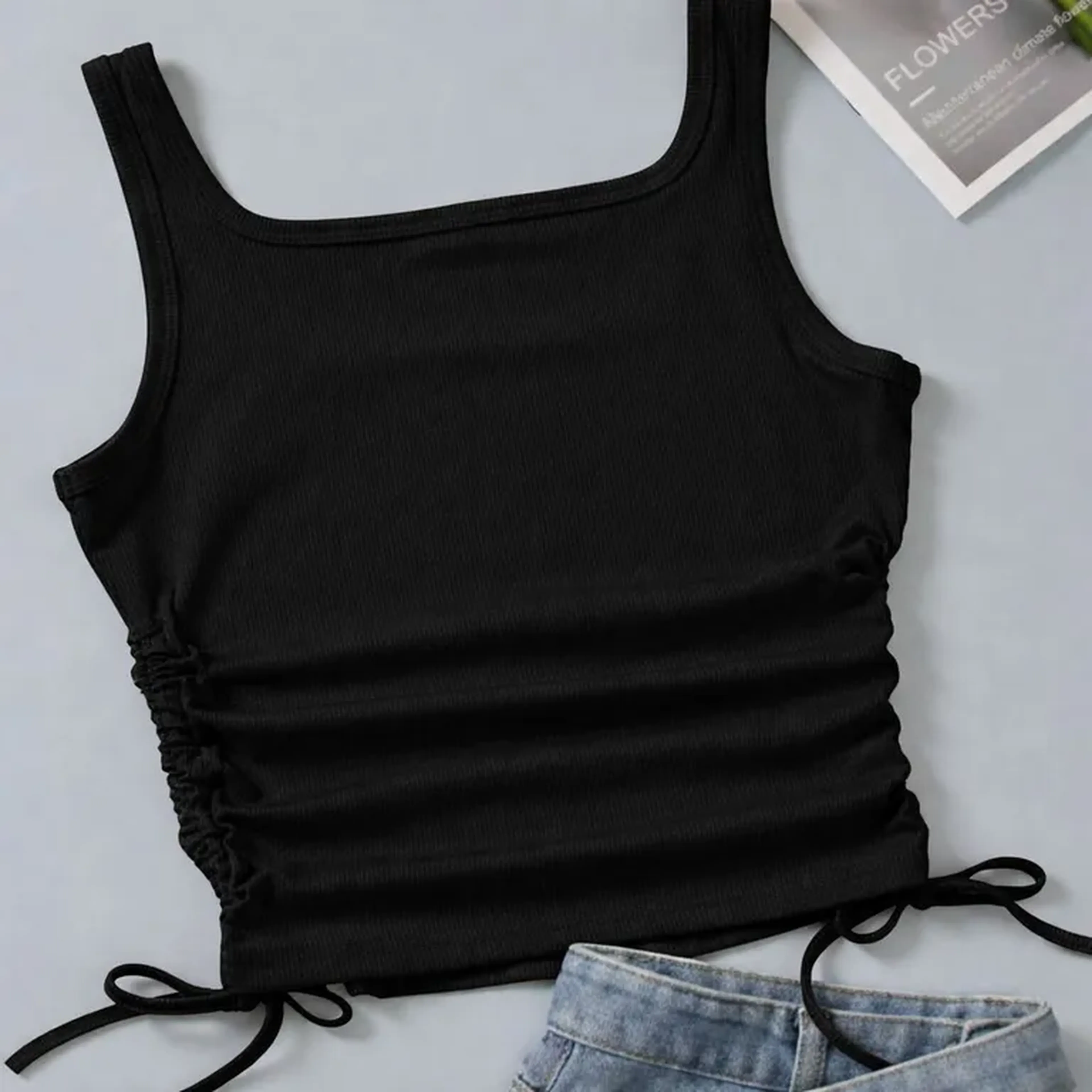 Blusa Cropped Canelada com Ajuste Lateral – Preto imagem