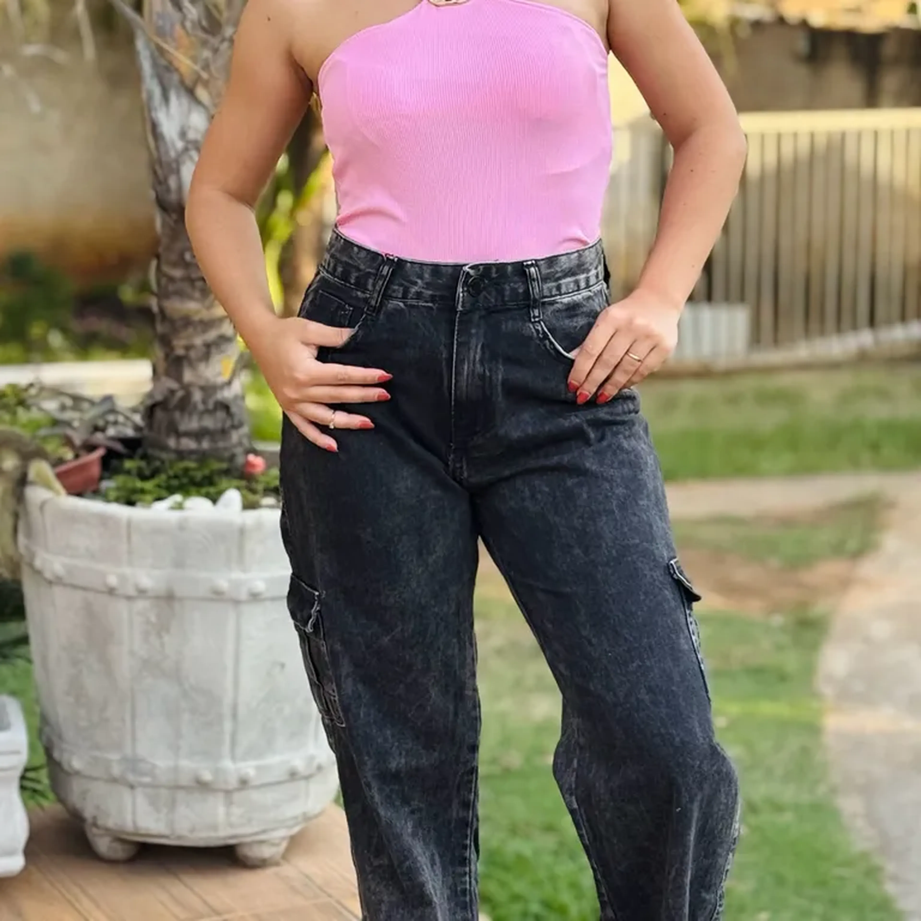 Calça Wide Leg Cargo Preto Marmorizado imagem