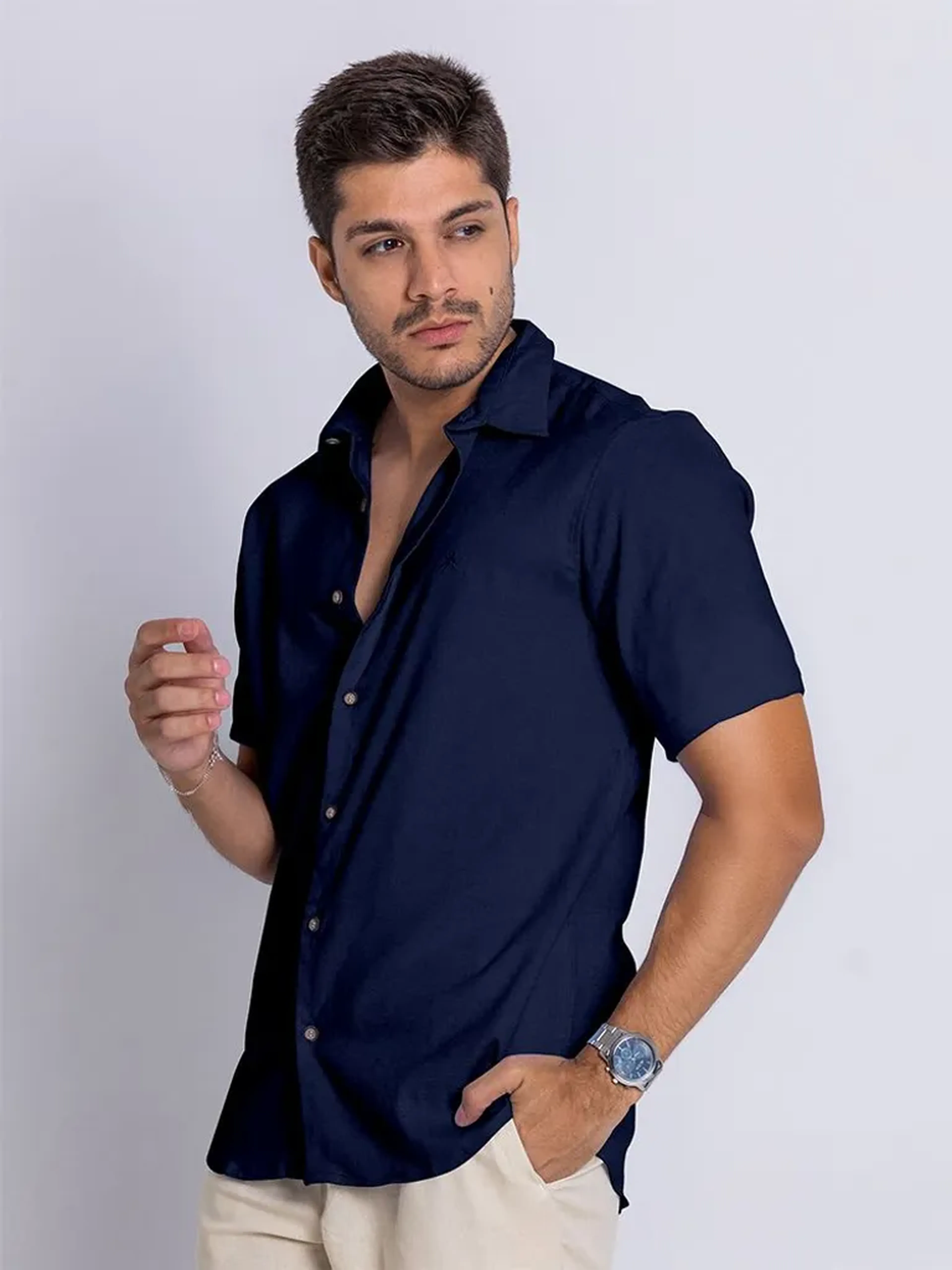Camisa Social Linho Manga Curta | Azul Marinho imagem