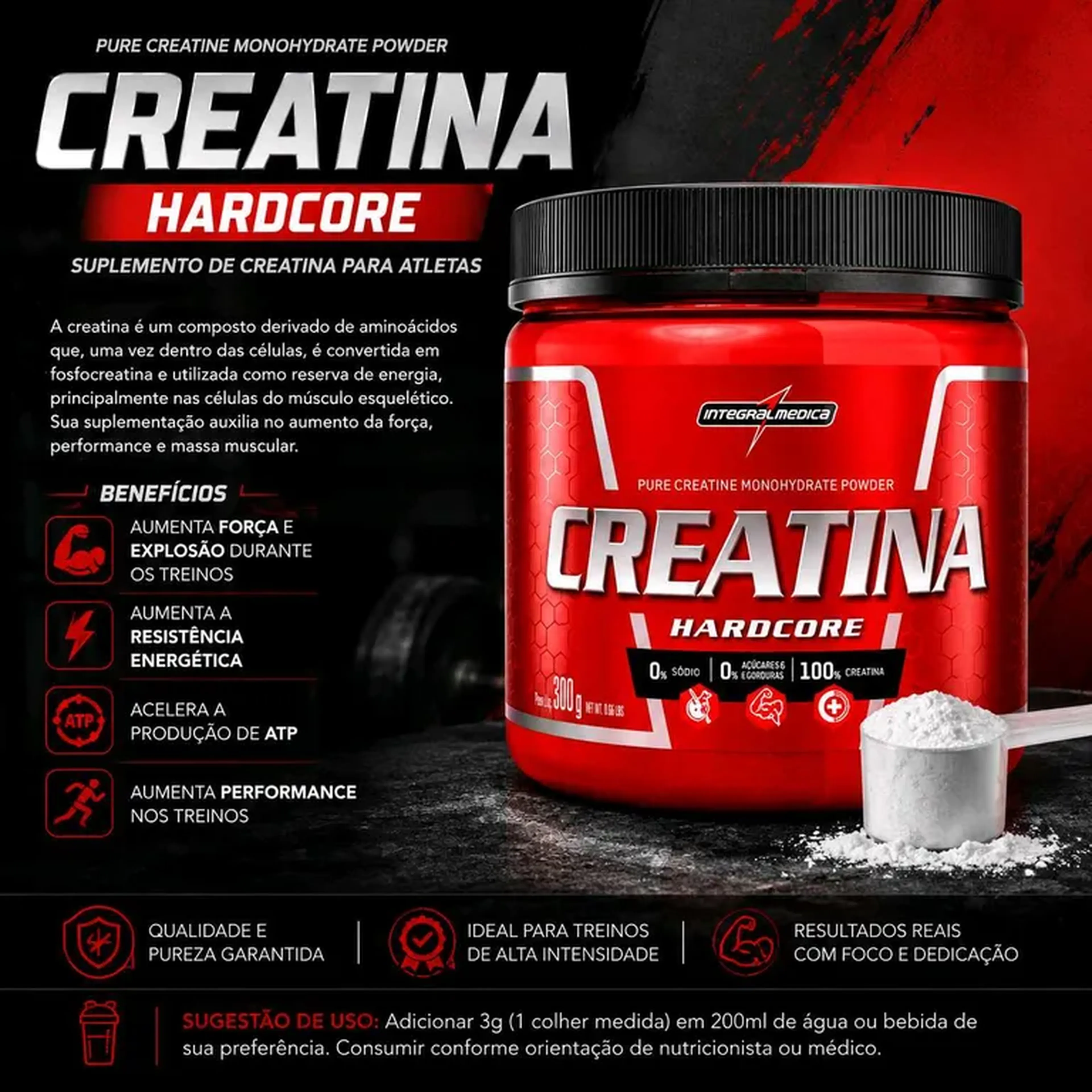 Creatina Monohidratada Powder Hardcore (300g) Integral médica imagem