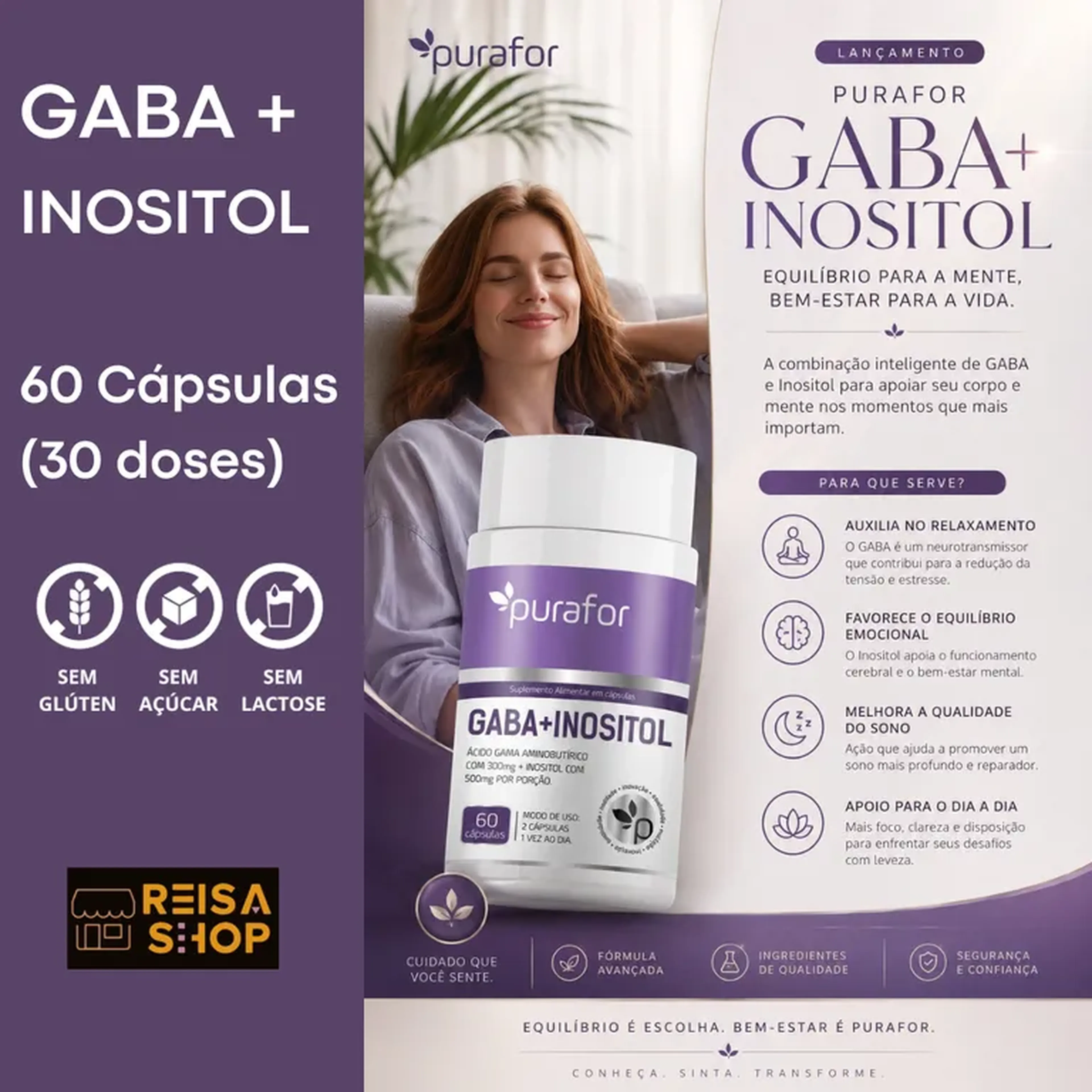 GABA + Inositol 60 caps Ansiedade Humor Purafor imagem