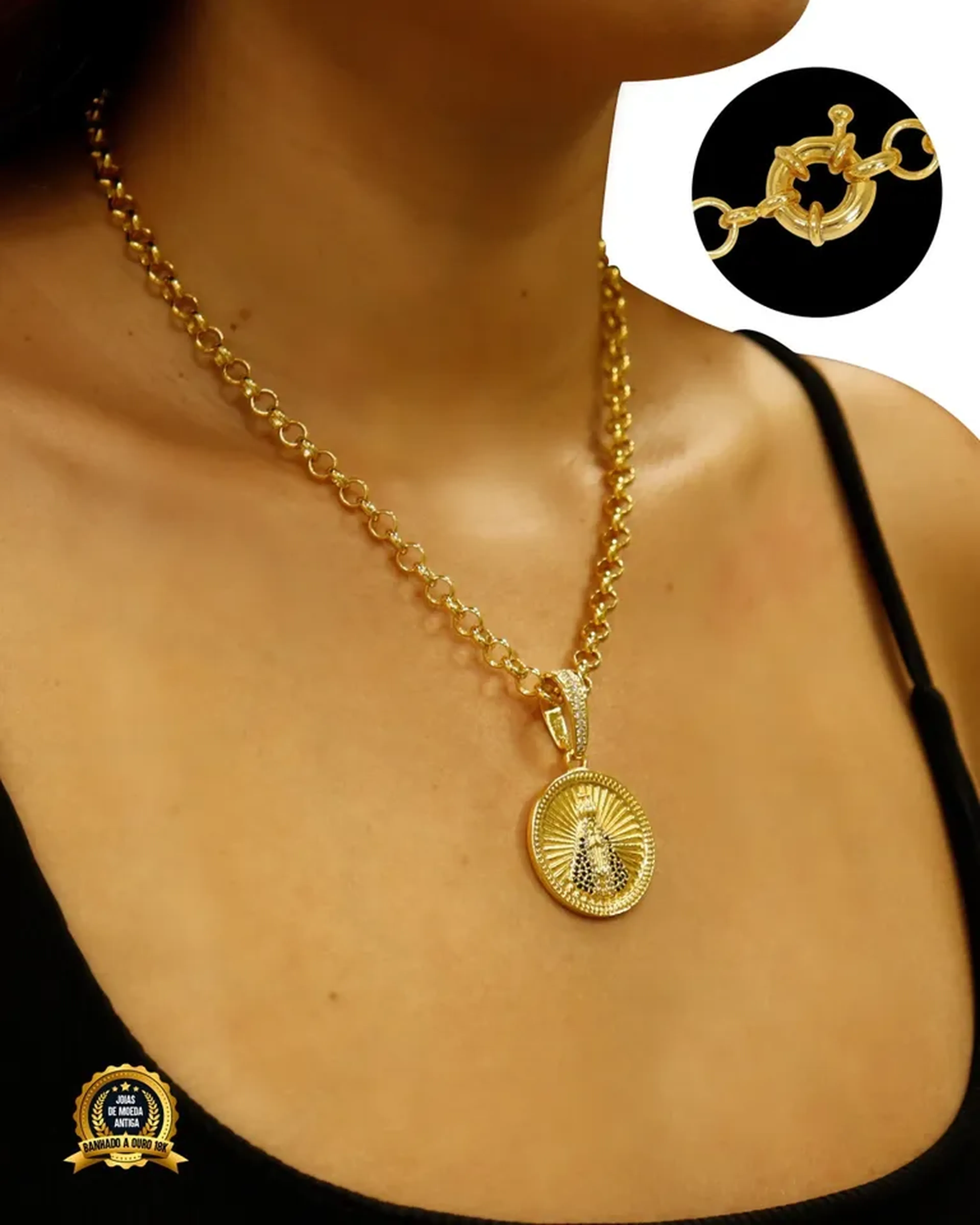 CORRENTE ELO PORTUGUÊS 4MM + PINGENTE NOSSA SENHORA. imagem