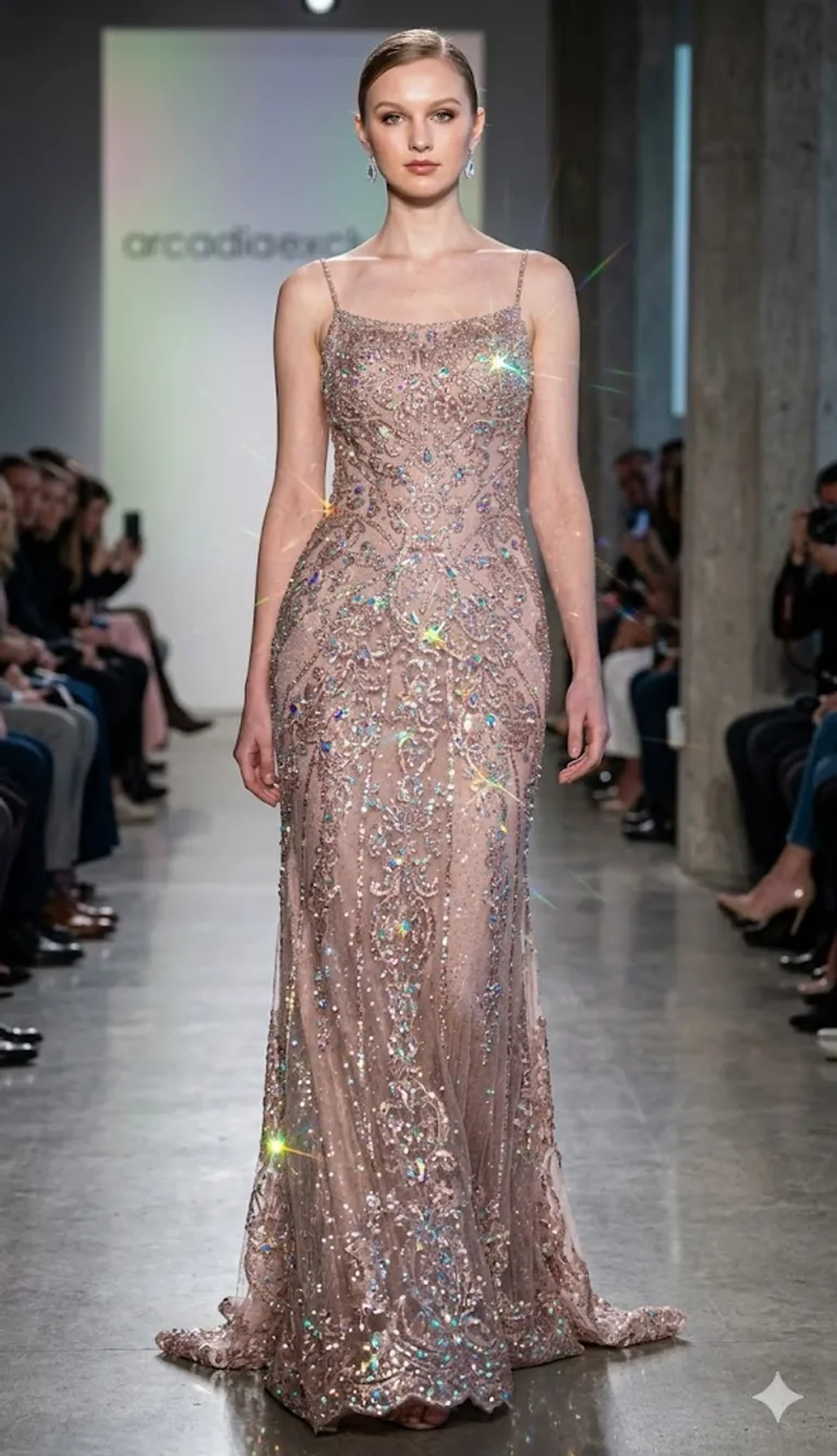R13) Longo rosa nude em tule rendado, todo bordado em furta cor imagem