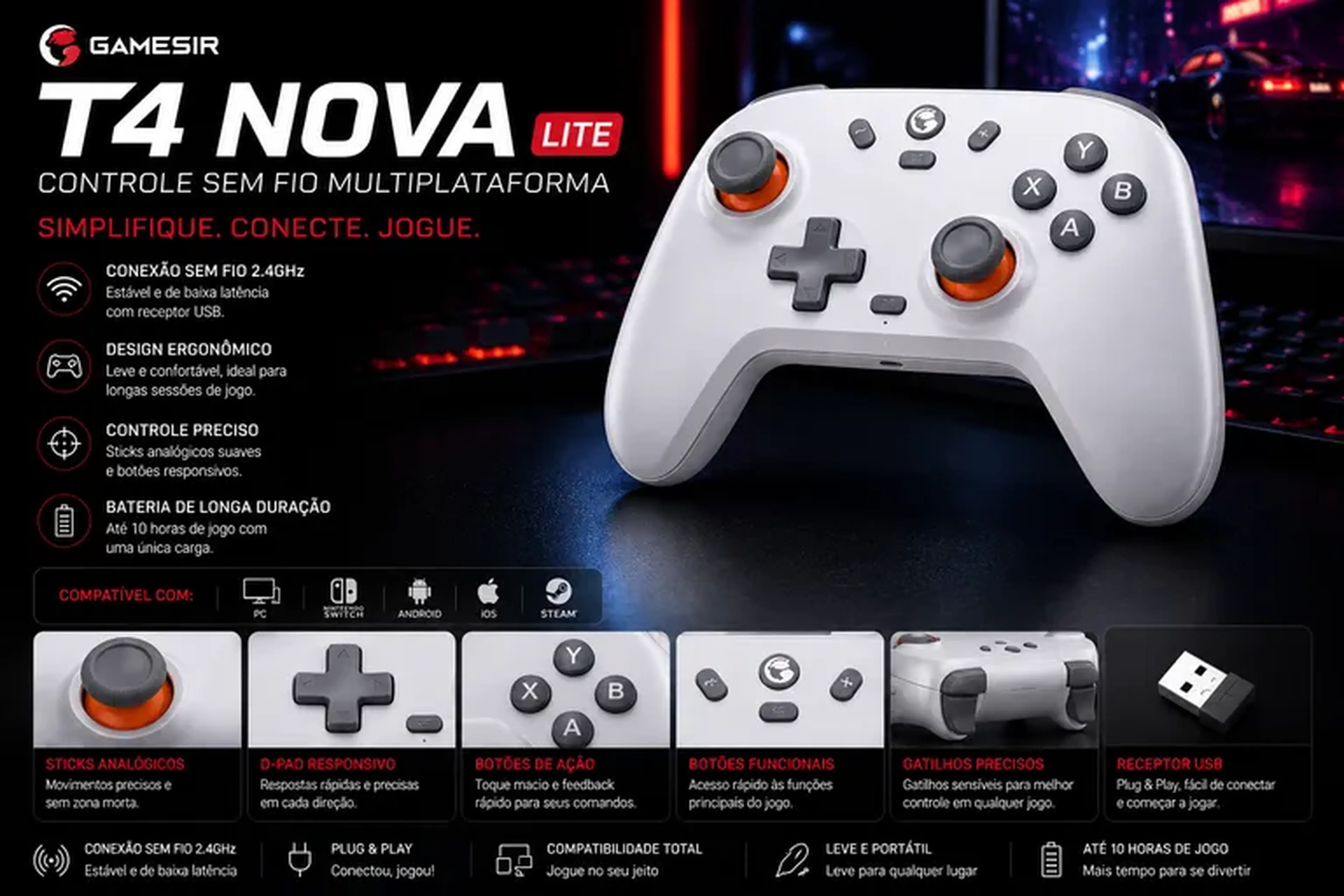 Controle Gamer Sem Fio GameSir T4 Nova Lite Bluetooth imagem