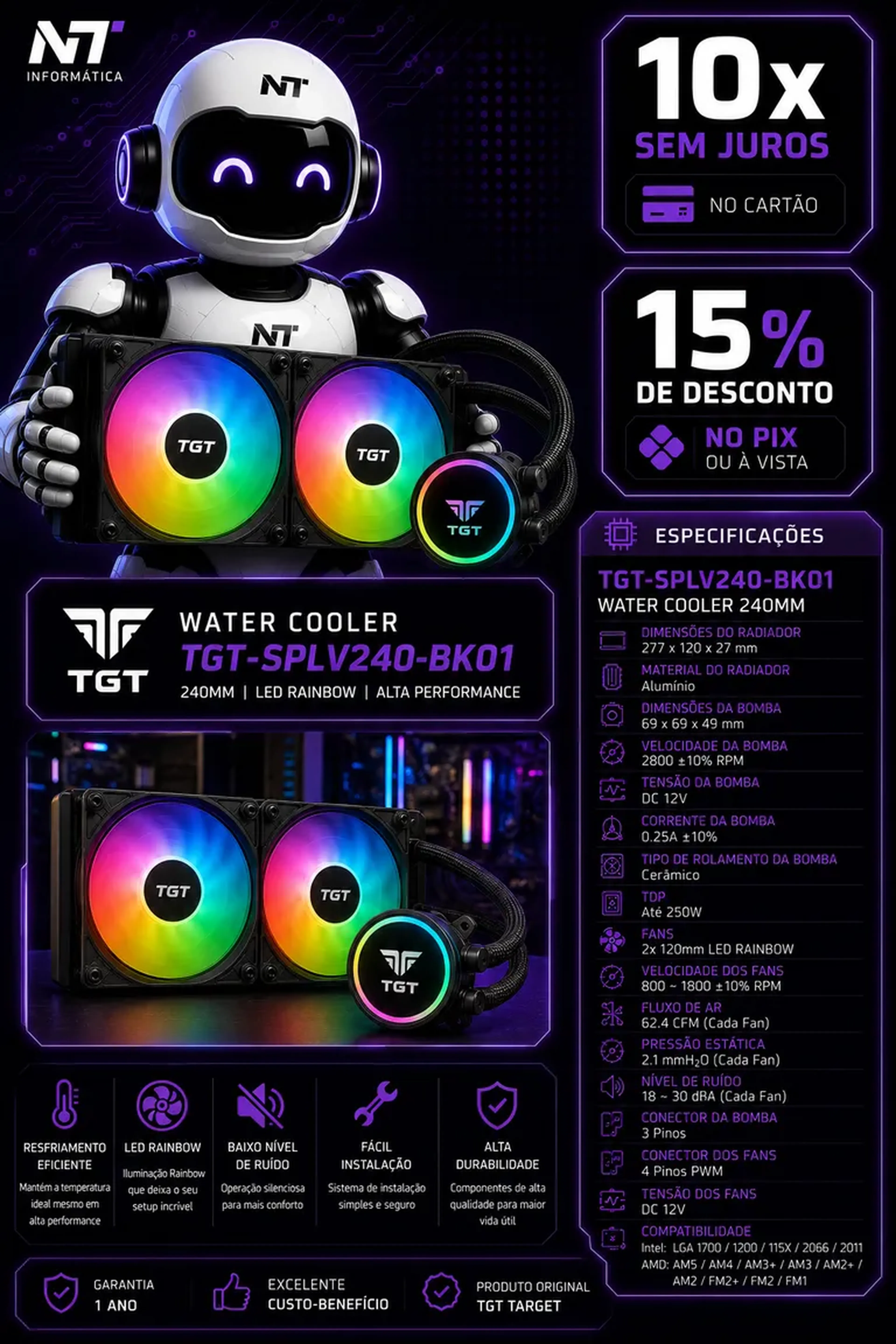 ❄️ Water Cooler Target TGT-SPLV240-BK01 240mm Rainbow imagem