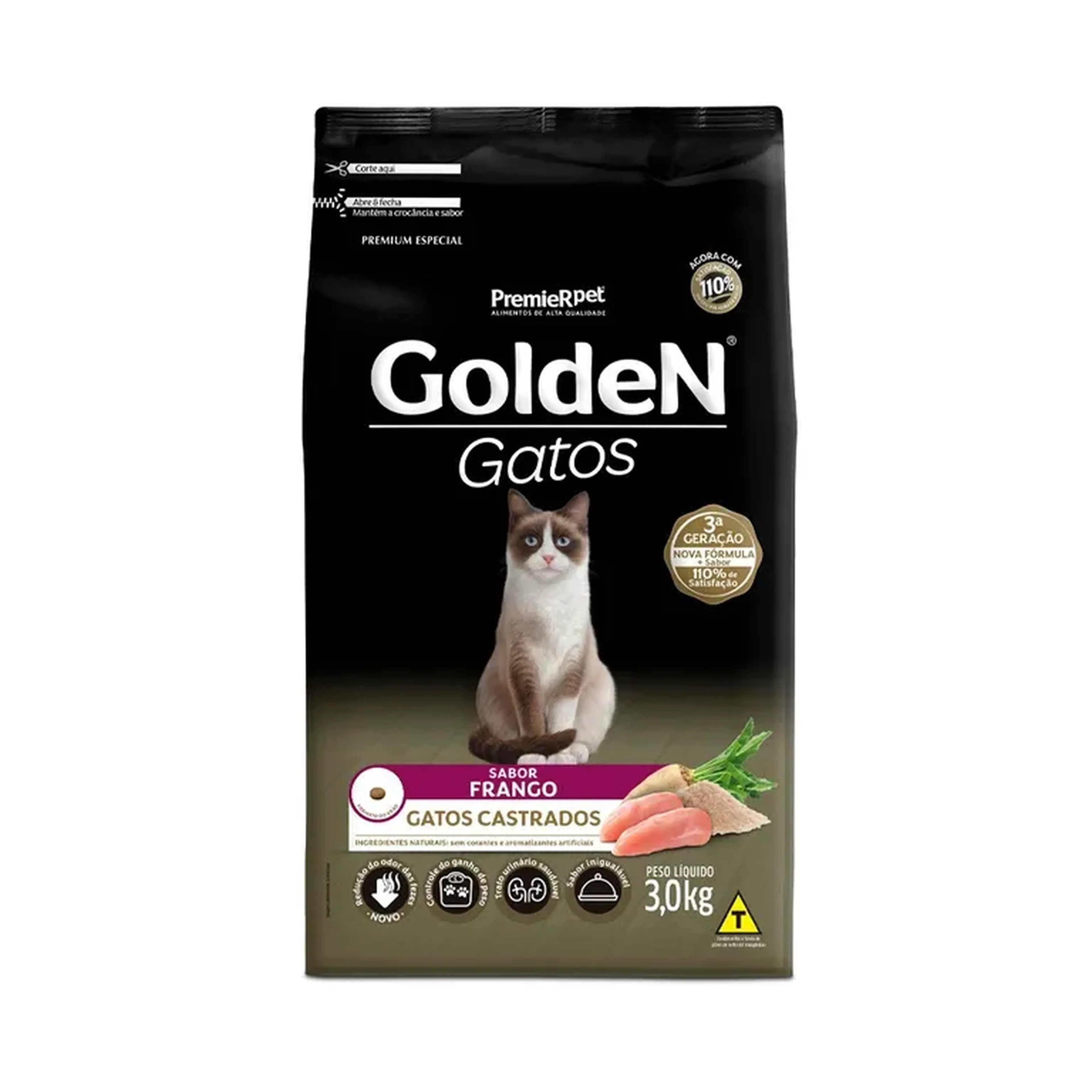 Ração Golden para Gatos Adultos Castrados Sabor Frango 3 Kg imagem