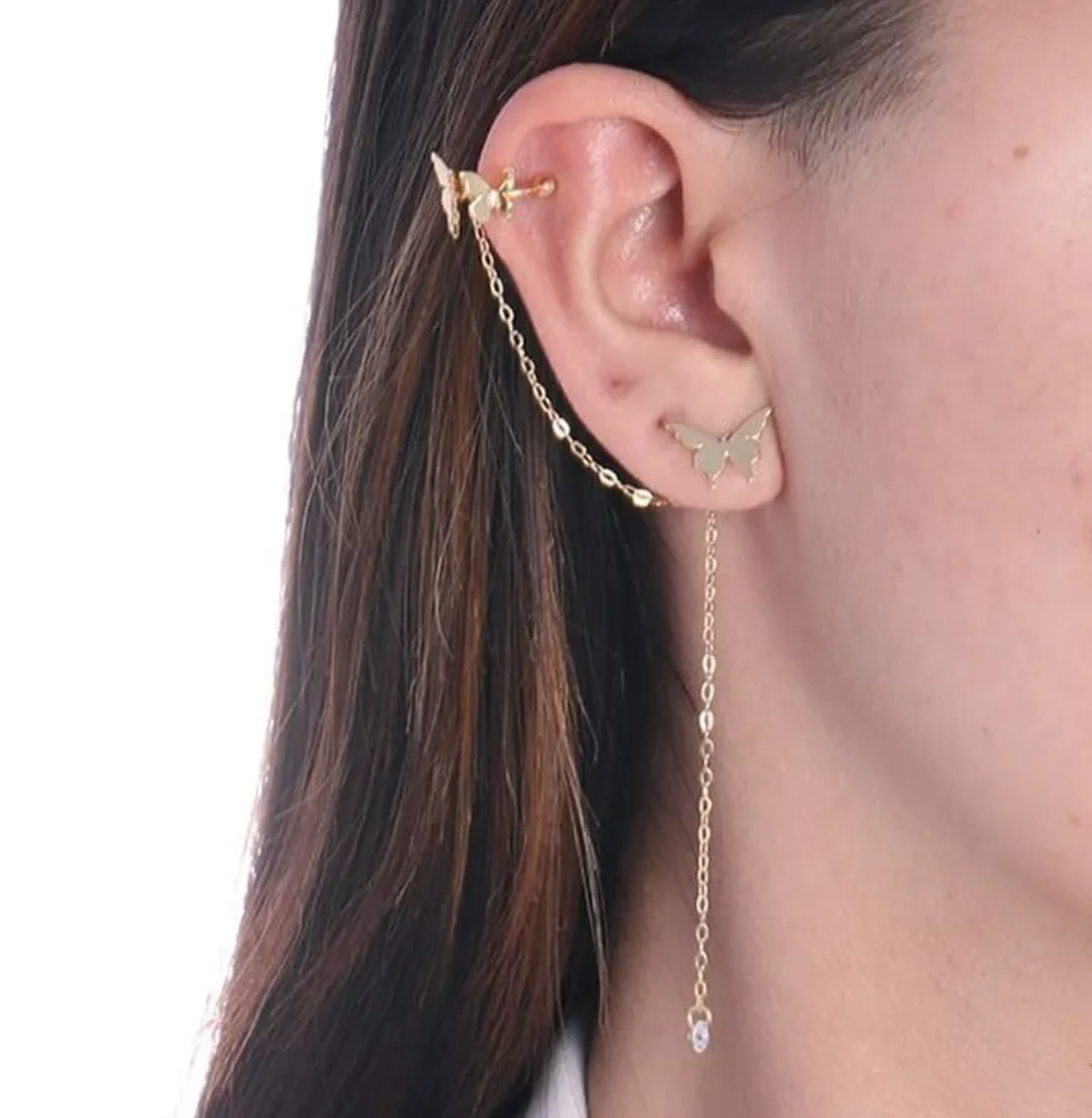 PIERCING FAKE E BRINCO BORBOLETAS- OURO18K imagem