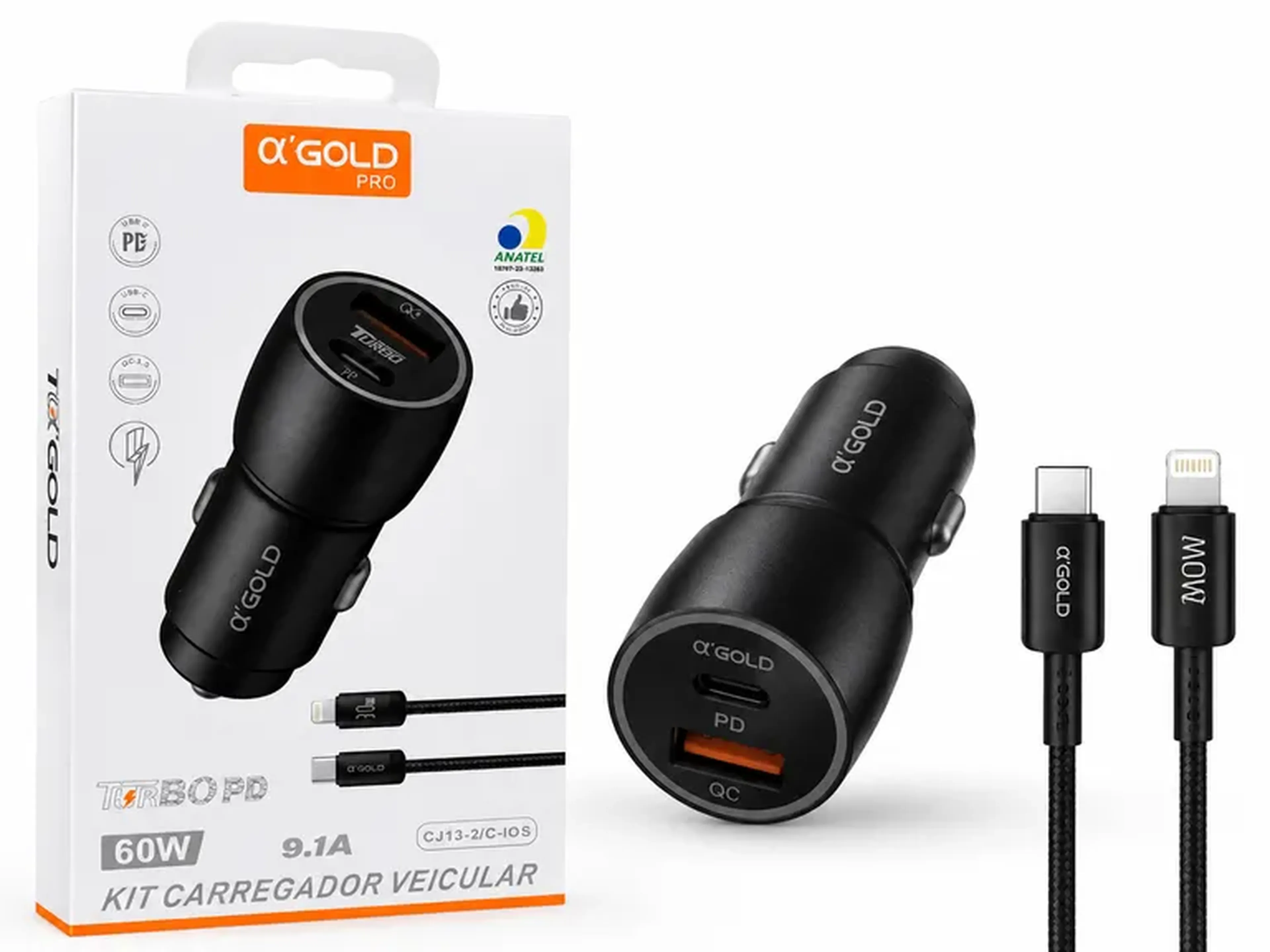 Kit Carregador Veicular α’GOLD PRO Turbo PD 60W 9.1A + Cabo USB- imagem