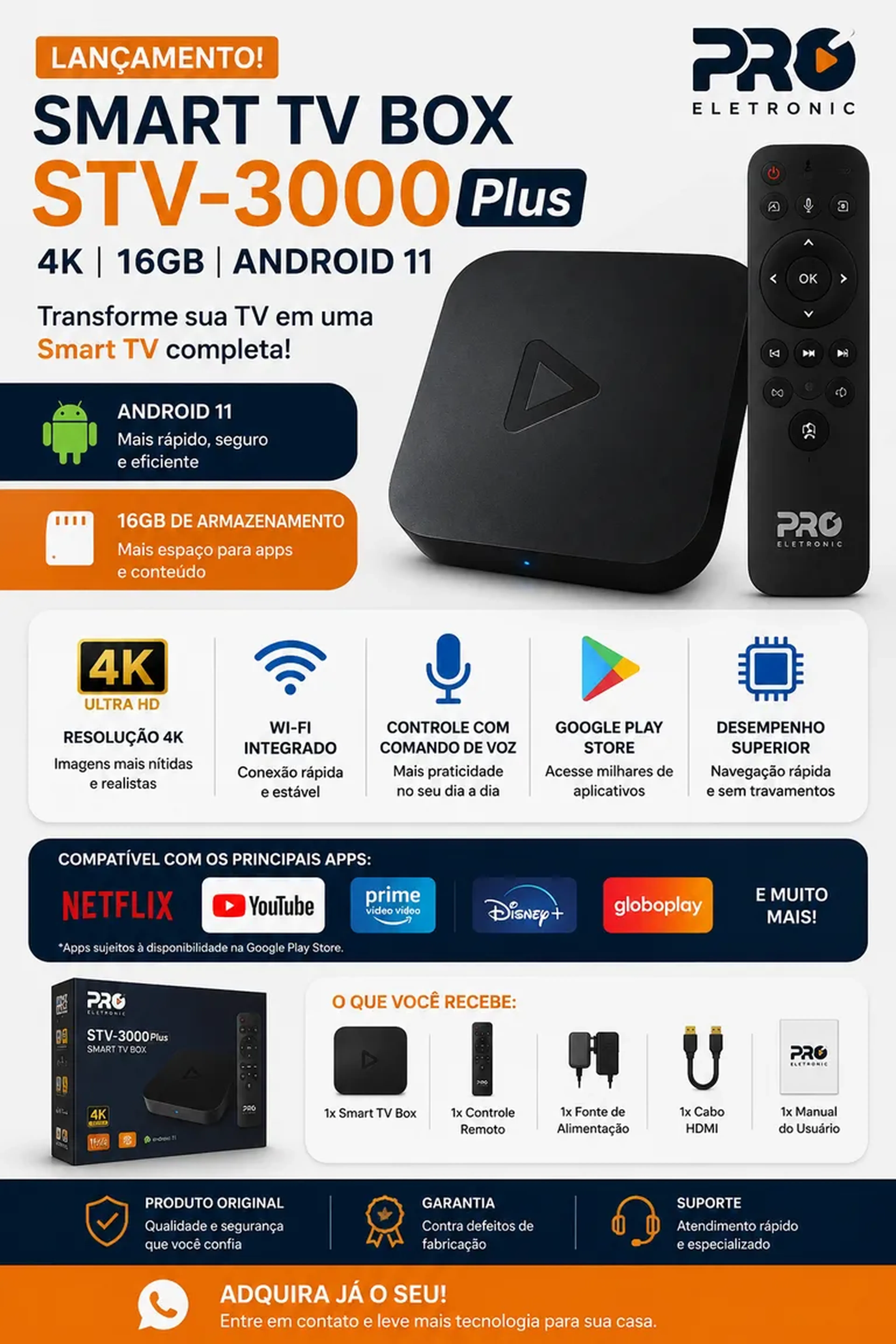 Smart TV Box STV-3000Plus 4K 16GB Android 11 TRANSFORME SUA TV imagem