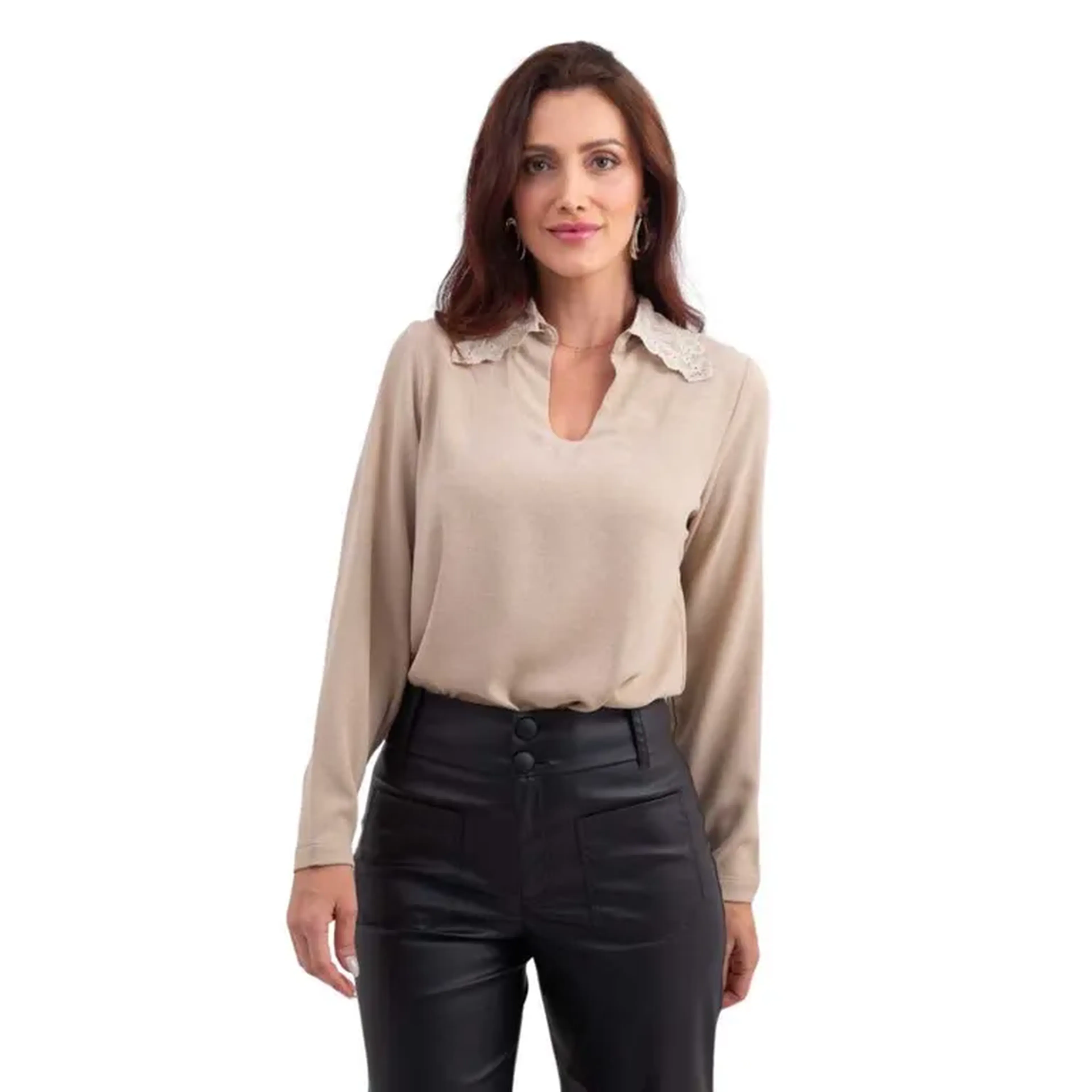 Blusa Polo Carmel Guipir Bege Areia imagem