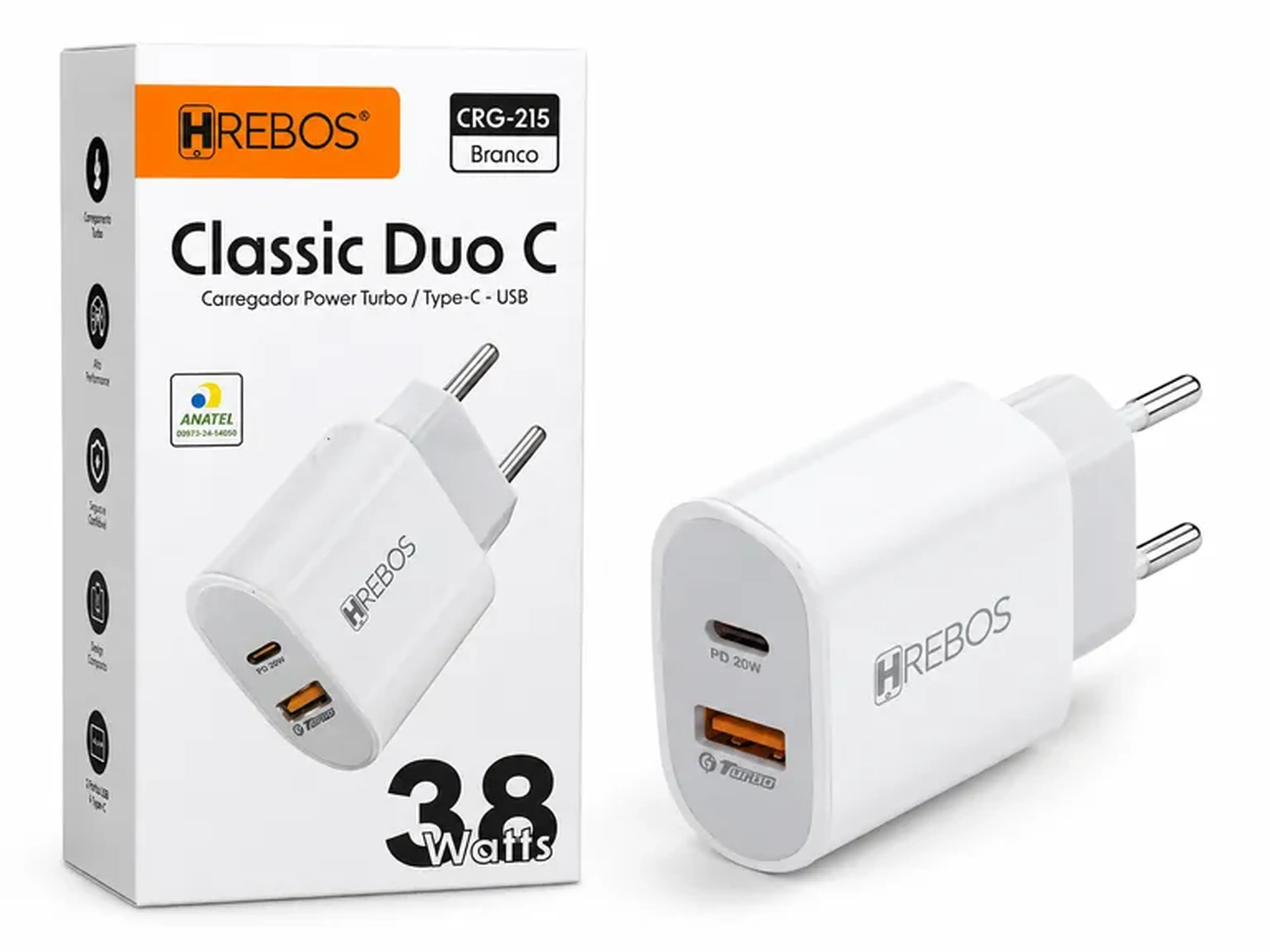 Carregador Turbo Hrebos Classic Duo C 38W (USB + Type-C) imagem