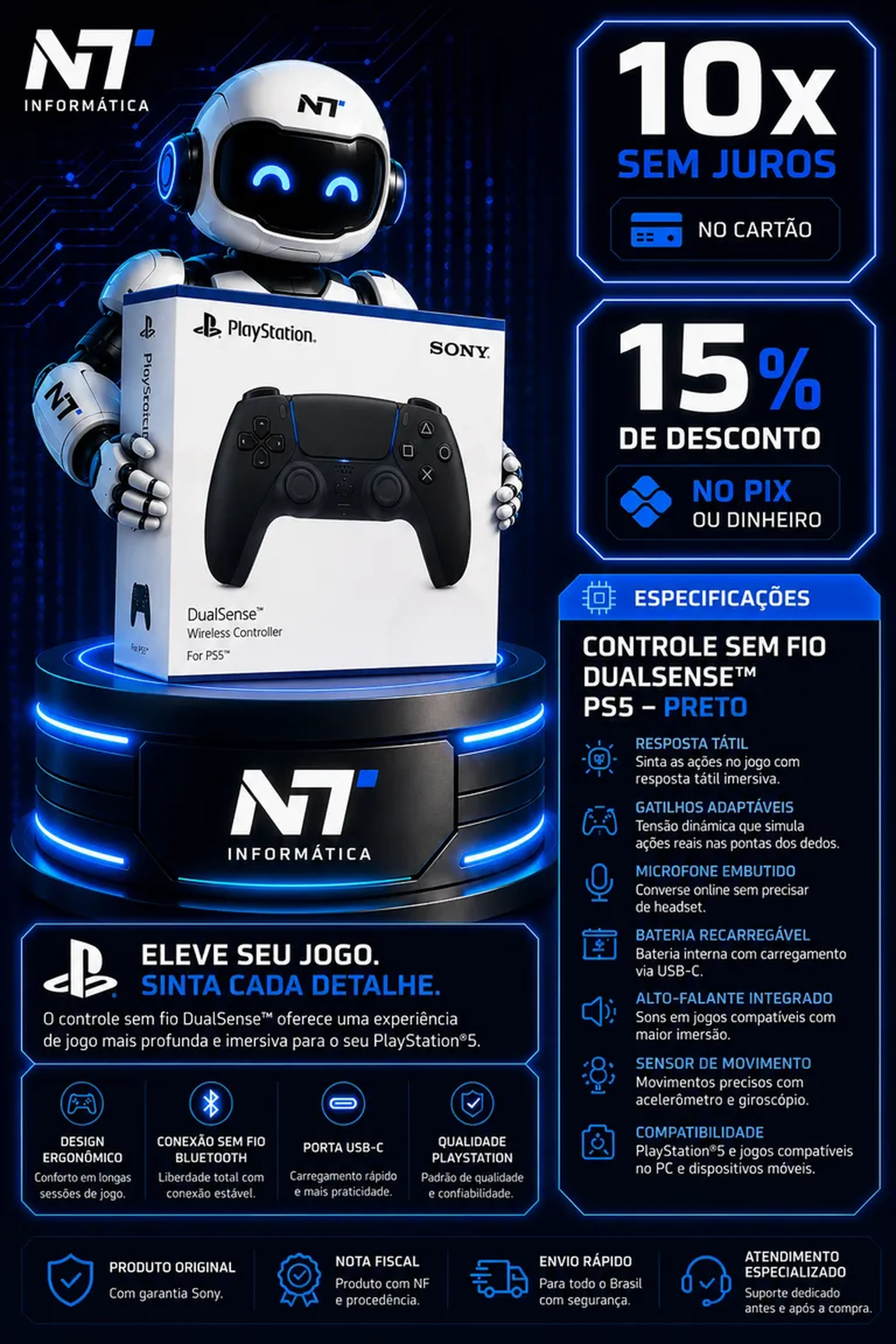 🎮 Controle Sem Fio Sony DualSense PS5 Preto Original imagem