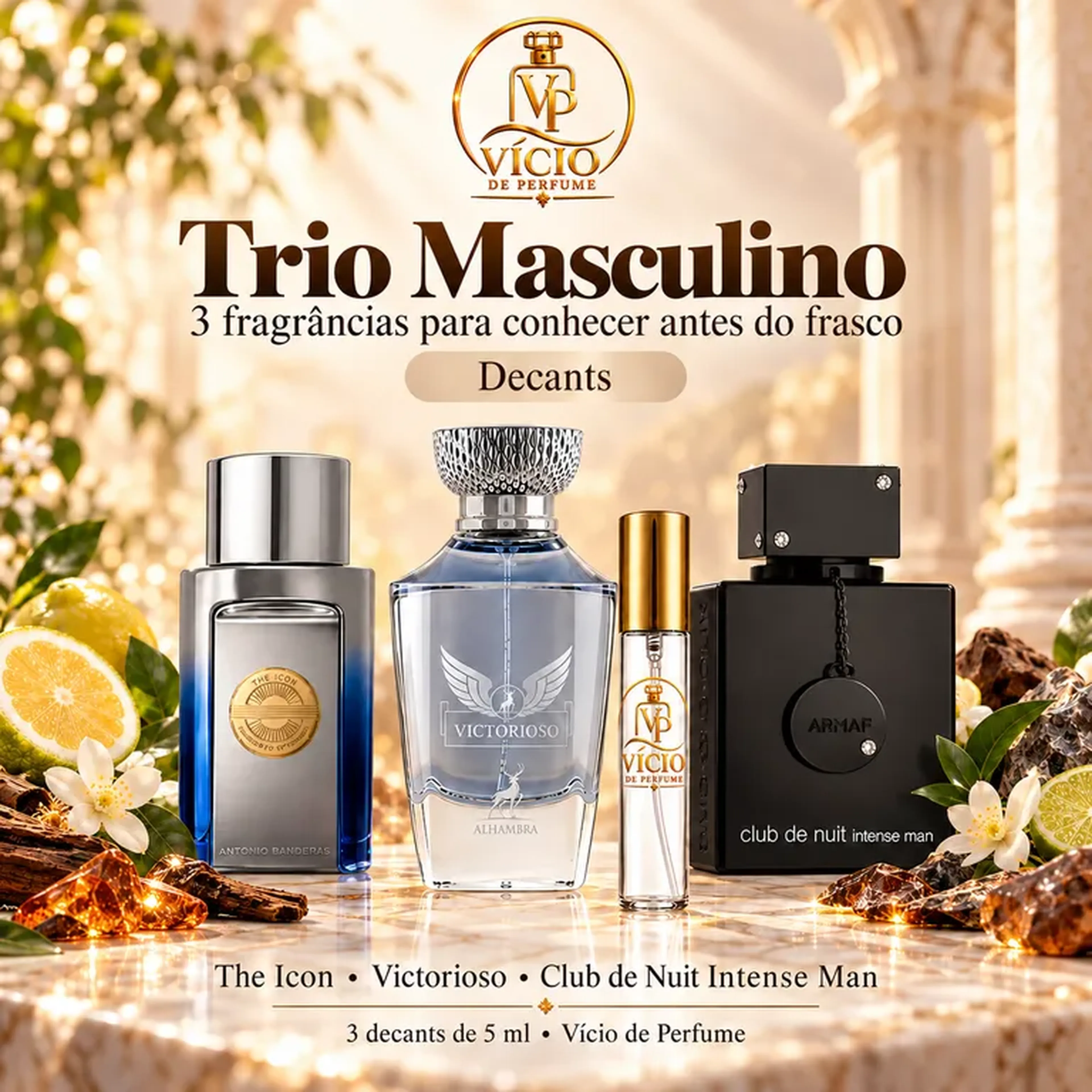 Kit Trio Masculino 5 ml – The Icon, Visctorioso, Club de Nuit In imagem