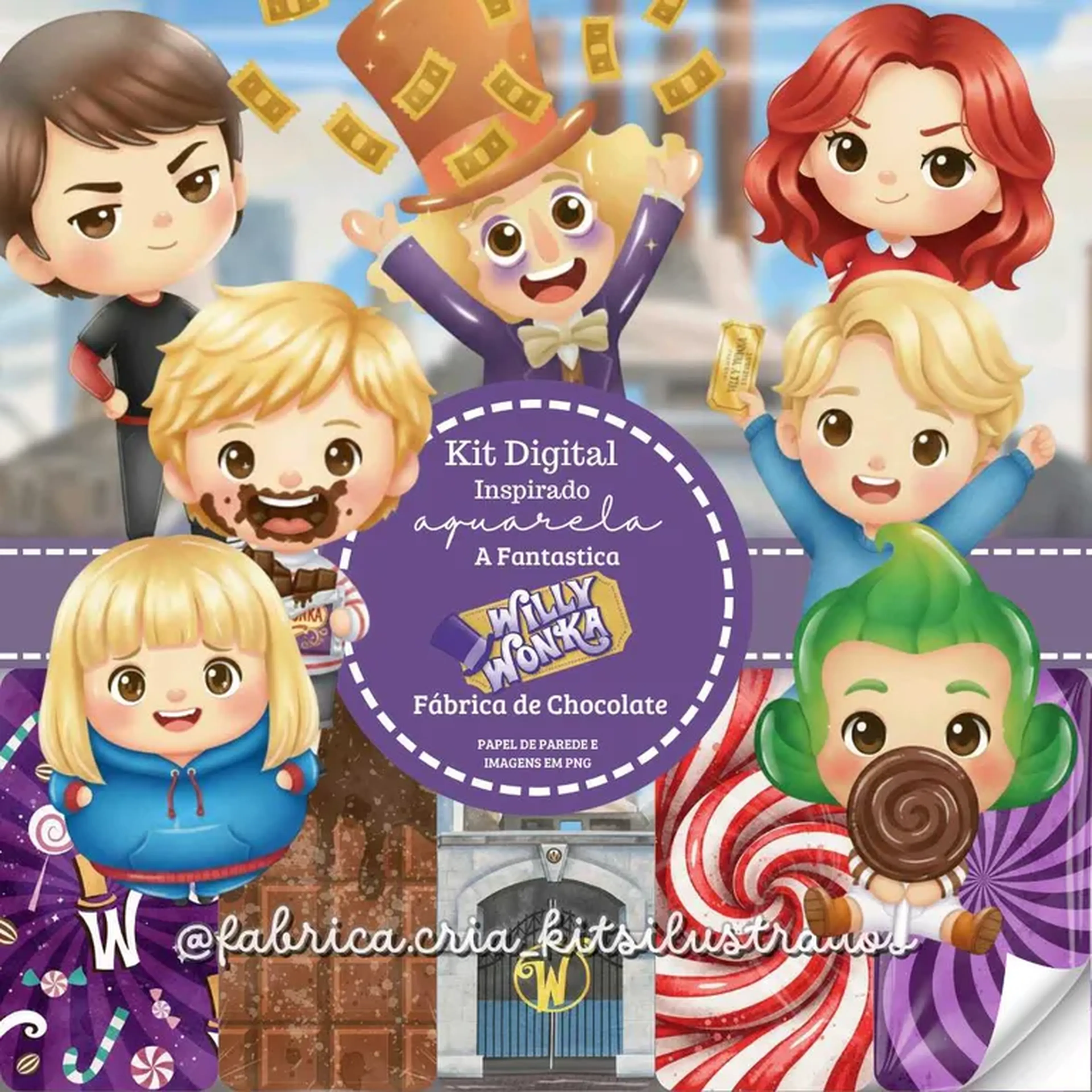 Kit Digital Aquarela Inspirado A Fantástica Fábrica De Chocolate imagem