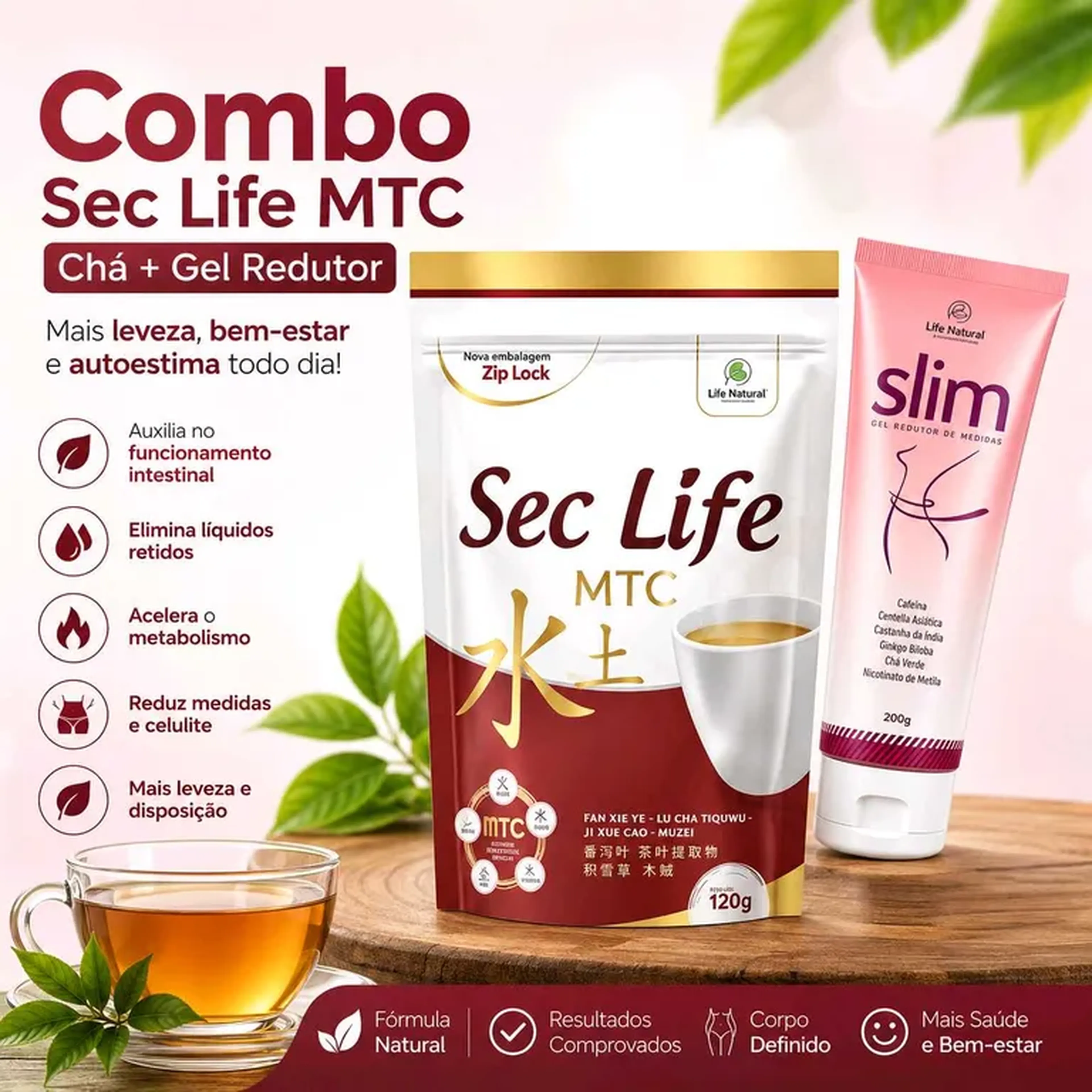 Combo Afina Cintura e Queima Gordura Chá Sec Life MTC + Gel Slim imagem