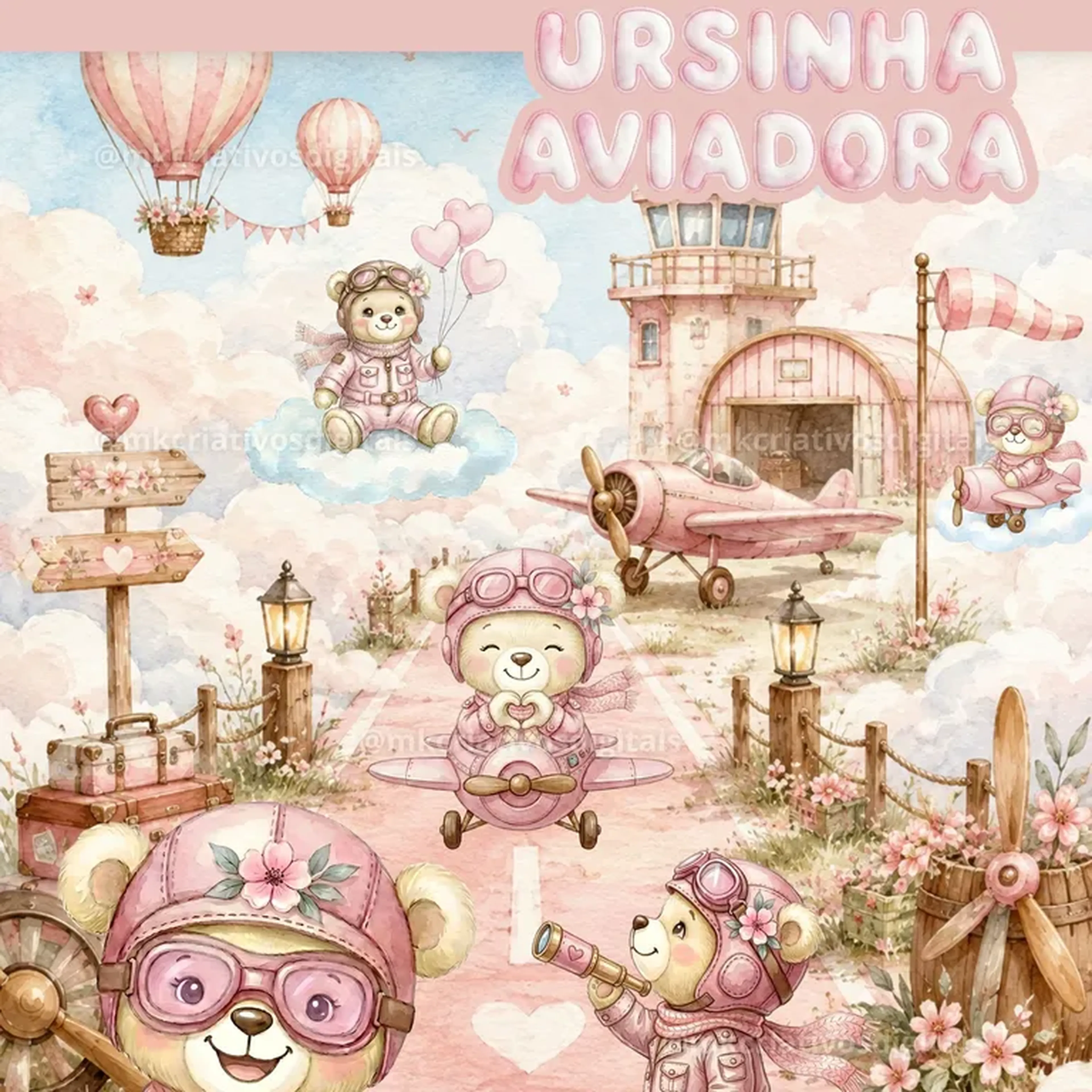 Ursinha Aviadora Rosa - Kit digital IA PNG imagem